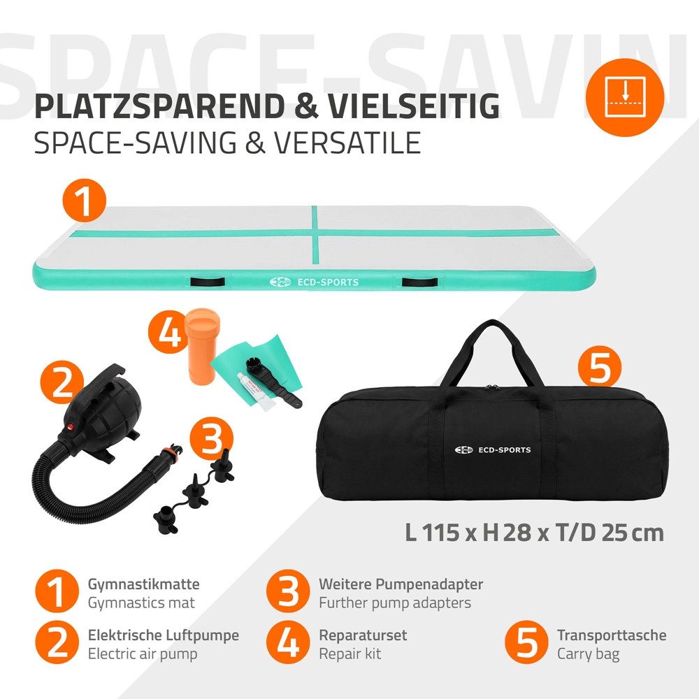 ECD Germany Sportmatte Aufblasbare Gymnastikmatte Airtrack Turnmatte Fitness Tumbling Matte, Yogamatte 3m Mint-Grün H:10cm inkl. Tragetasche Luftpumpe Flick-Set – Bild 5 von 5