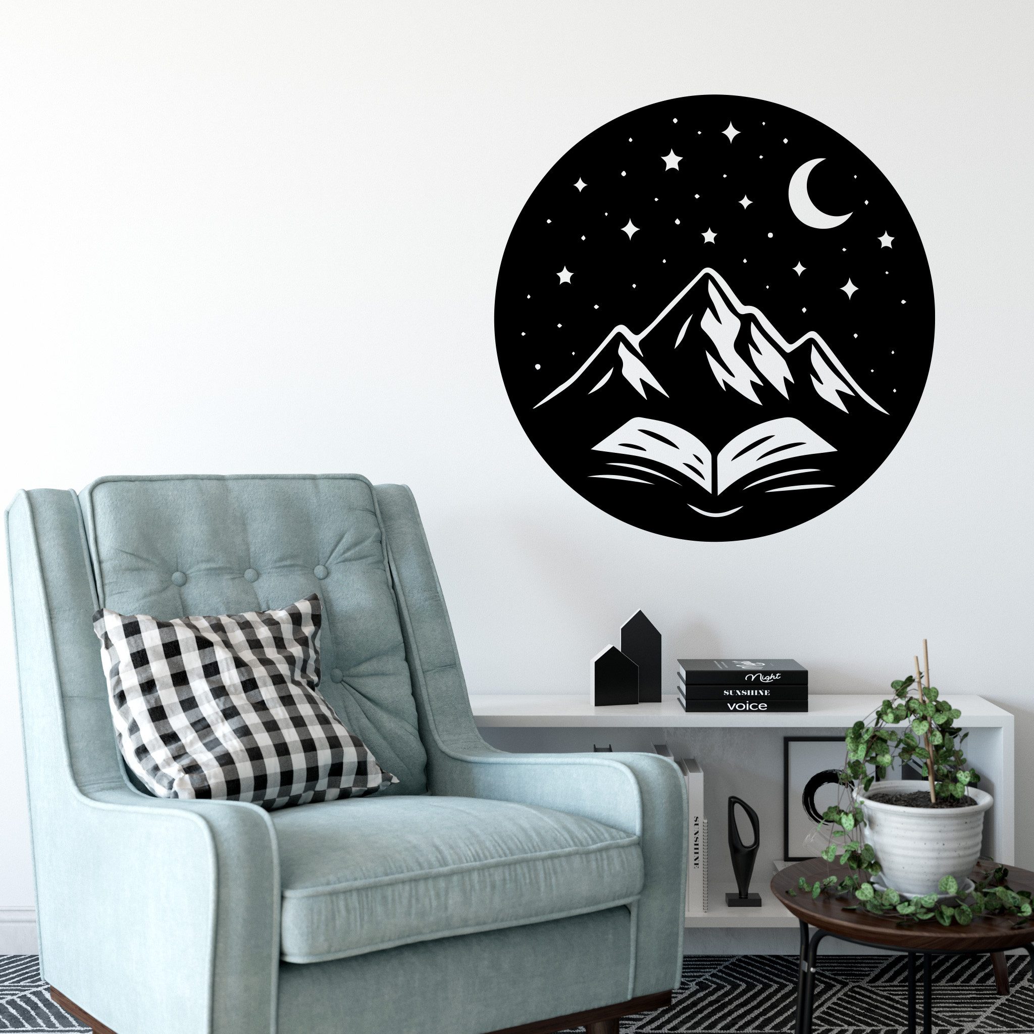 Sunnywall Wandtattoo Berge und Buch – rundes Design mit Sternenhimmel, selbstklebend, konturgeschnitten, rückstandslos entfernbar
