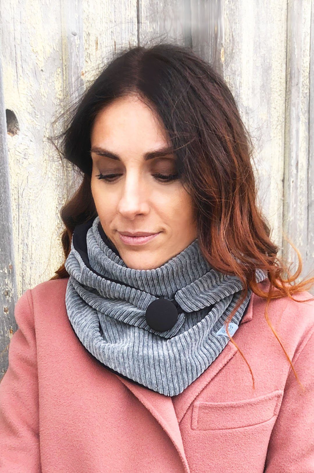 Wishproject® Dreieckstuch Cordstoff - Damentuch Grau & Schwarz, Loopschal, Hergestellt in Deutschland, Langlebig und Stilvoll