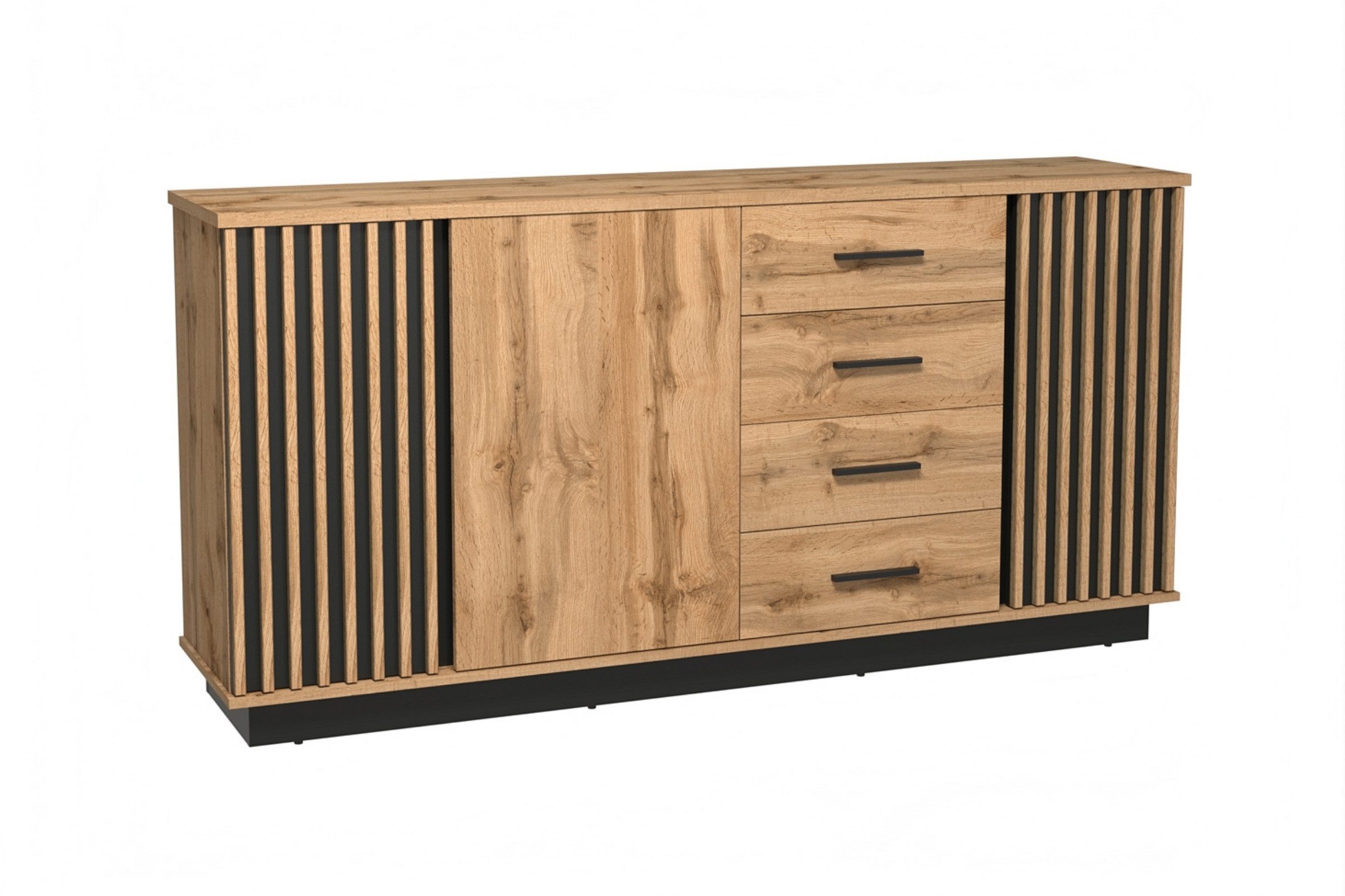 Deine Möbel 24 Kommode LAMI 21 mit Lamellen, 3 Türen & 4 Schubladen (LAMI-Kollektion, 1 St., Größe: 178 x 88 x 40 cm), Sideboard mit Lamellen in Wotan Eiche / Schwarz Matt
