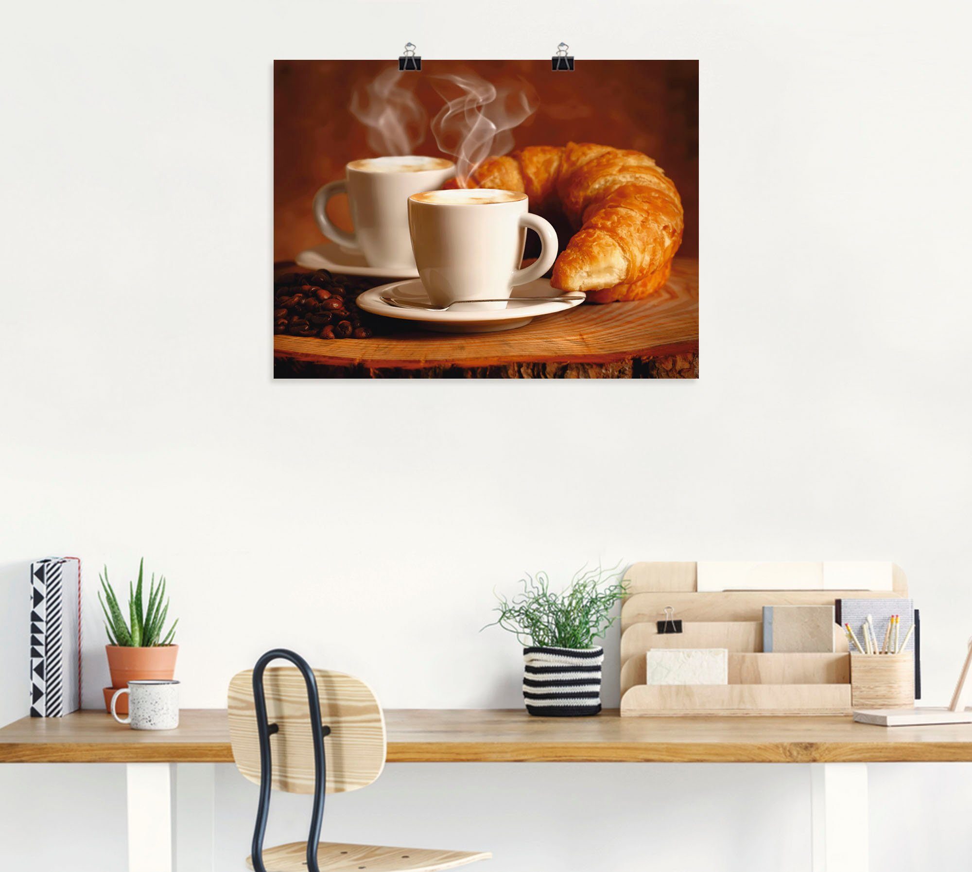 Artland Wandaufkleber Poster versch. Getränke Cappuccino als oder in Leinwandbild, Wandbild (1 St), und Dampfender Alubild, Croissant, Größen