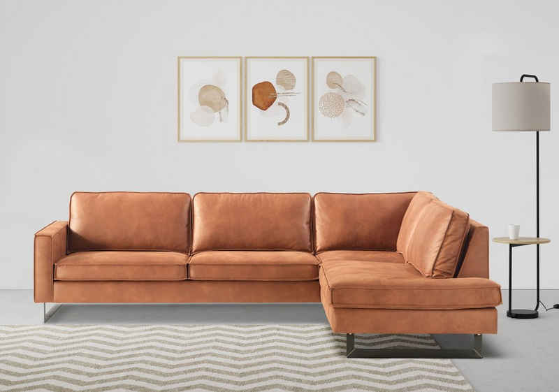 Places of Style Ecksofa Pinto, 290 cm, Ottomane links / rechts, Cord, Feincord, Luxus-Microfaser Leder und Chenille