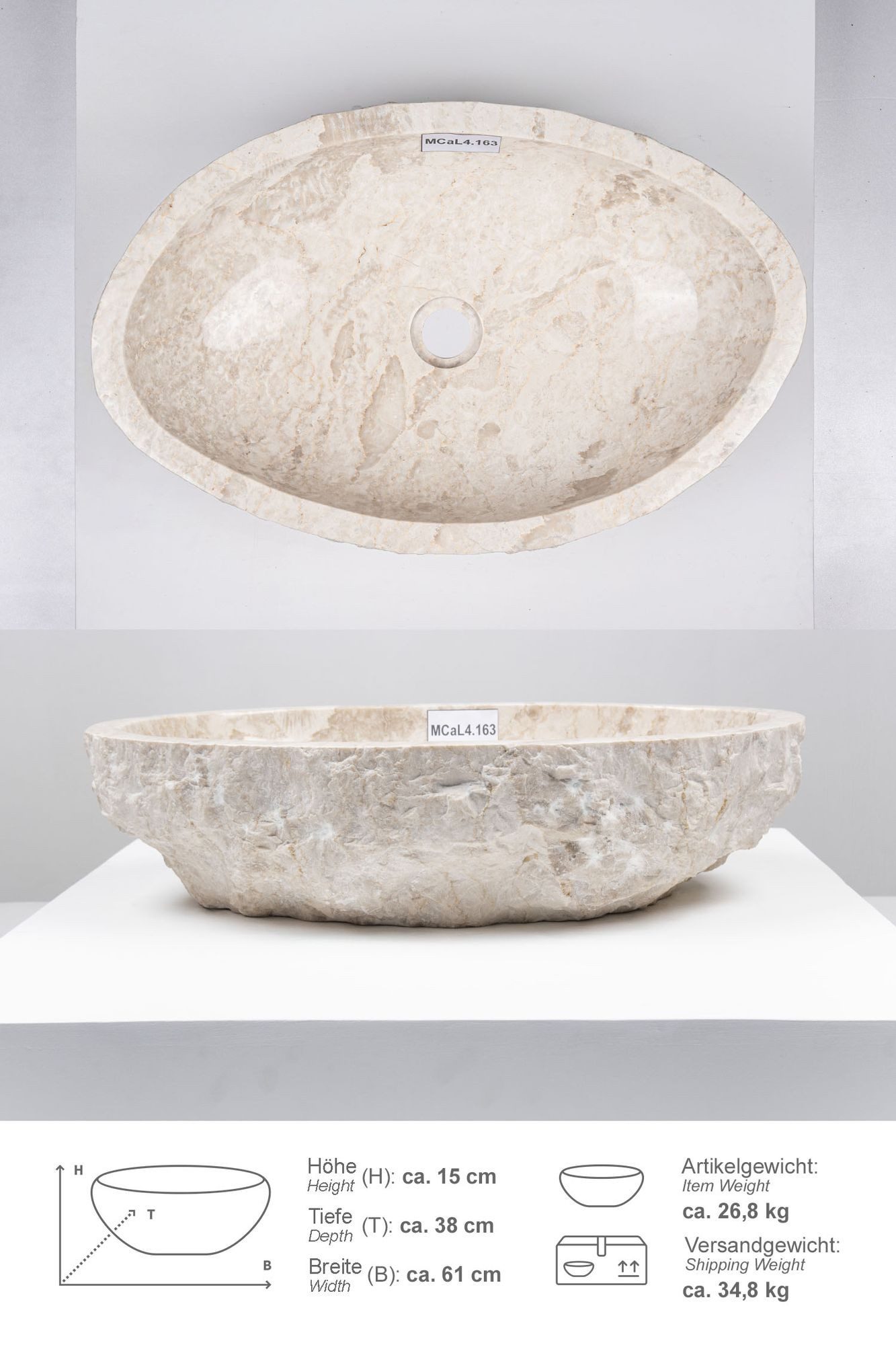 wohnfreuden Aufsatzwaschbecken Erosi Marmor Waschbecken 60 cm creme (Kein Set), 102276_MCaL6.165