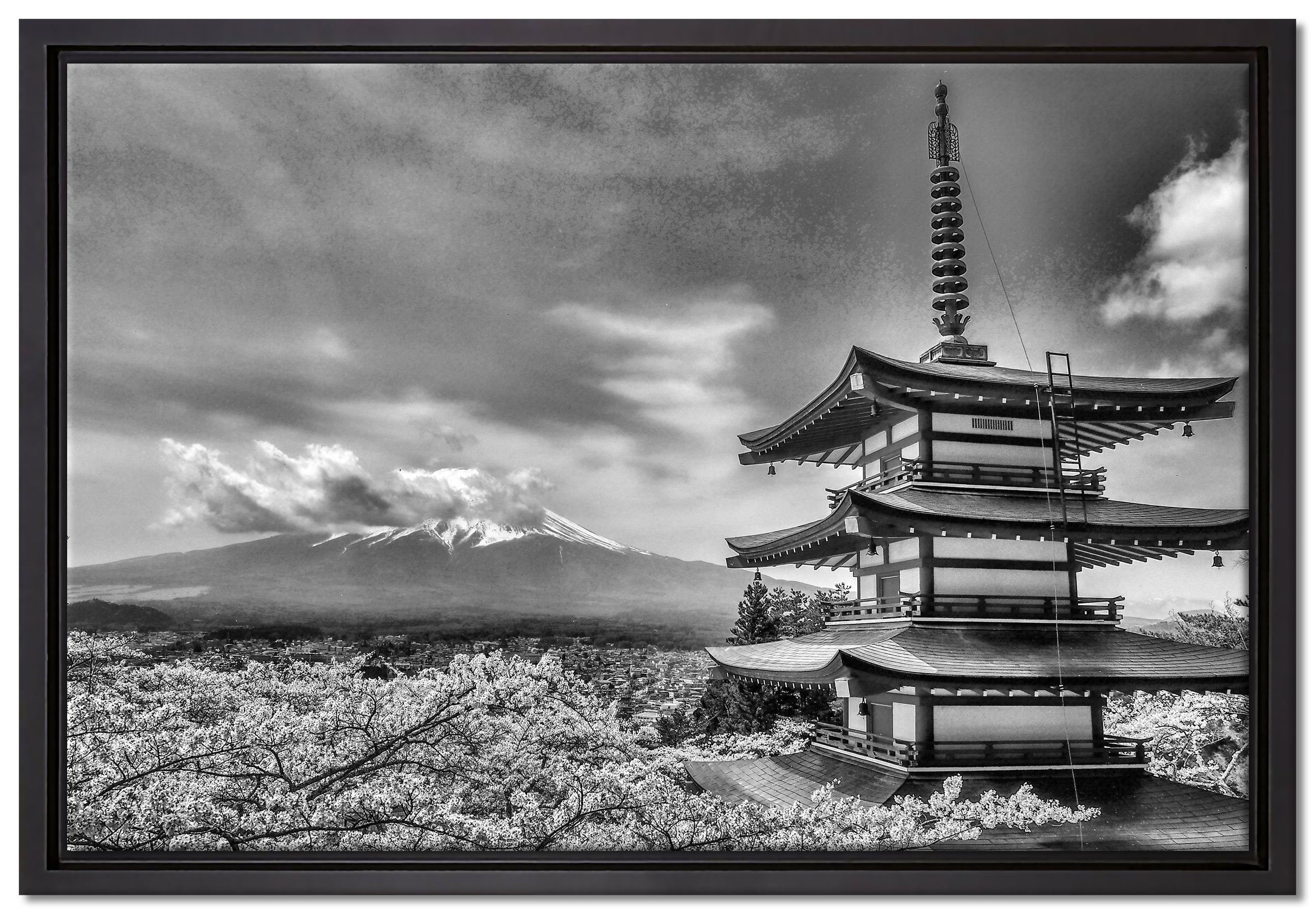 inkl. in Japanisches Gebäude, Wanddekoration Zackenaufhänger fertig gefasst, bespannt, Schattenfugen-Bilderrahmen (1 einem Leinwandbild Pixxprint St), Leinwandbild