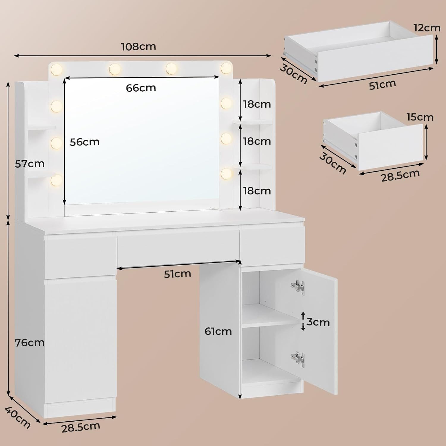 MSMASK Schminktisch mit LED-Beleuchtung, 3 Schubladen, Steckdosen & dimmbar günstig online kaufen