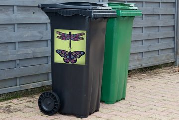 MuchoWow Wandsticker Eine Illustration einer Libelle und eines Schmetterlings (1 St), Mülleimer-aufkleber, Mülltonne, Sticker, Container, Abfalbehälter