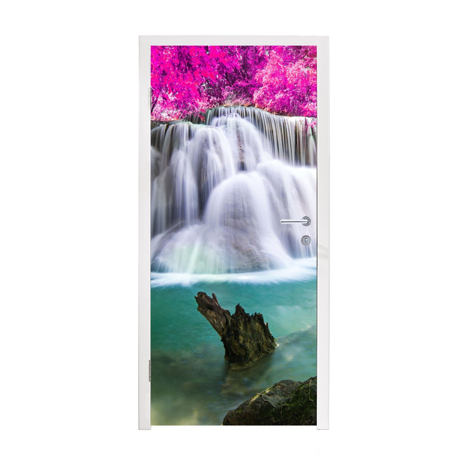 75x205 - cm Türtapete Tür, St), bedruckt, MuchoWow Bäume, Fototapete Rosa - Wasserfall Türaufkleber, für Matt, (1