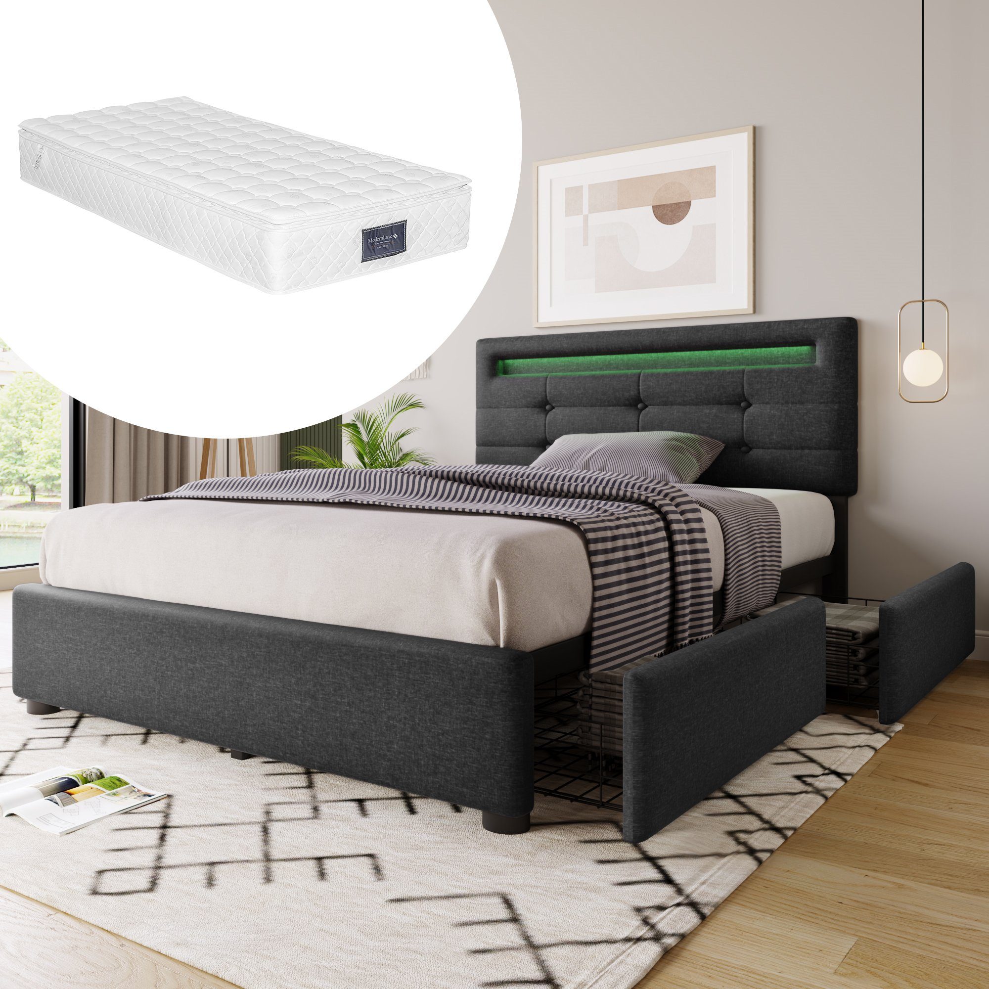 BlingBin Einzelbett Polsterbett Höhenverstellbarem Kopfteil 90x200cm günstig online kaufen