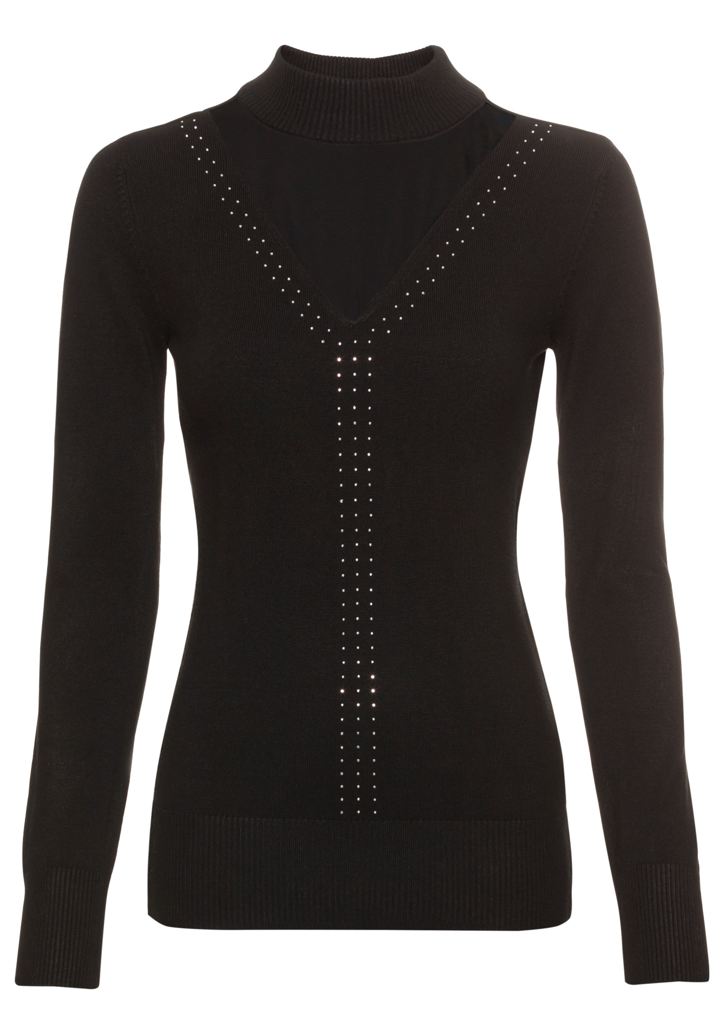 Laura Scott Stehkragenpullover mit glitzernden Ziersteinen und Mesh-Applikation