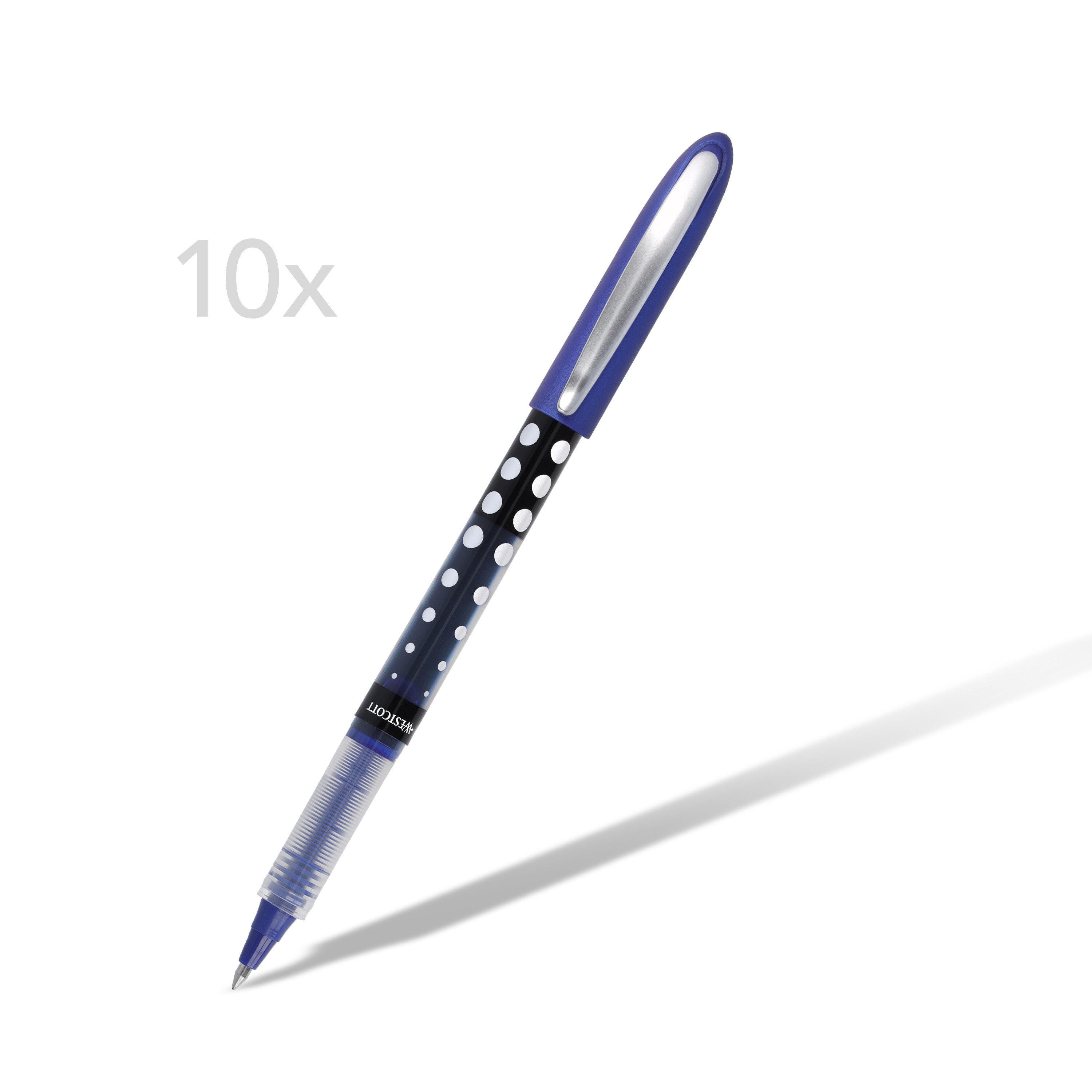 WESTCOTT Tintenroller Blau 10 Stück, Rollerball Pen mit blauer Tinte, 0,5 mm Strichstärke, (Vorteilspack, 10-tlg), transp. Füllstandsanzeige, Kapillartechnologie, ergonomischer Griff