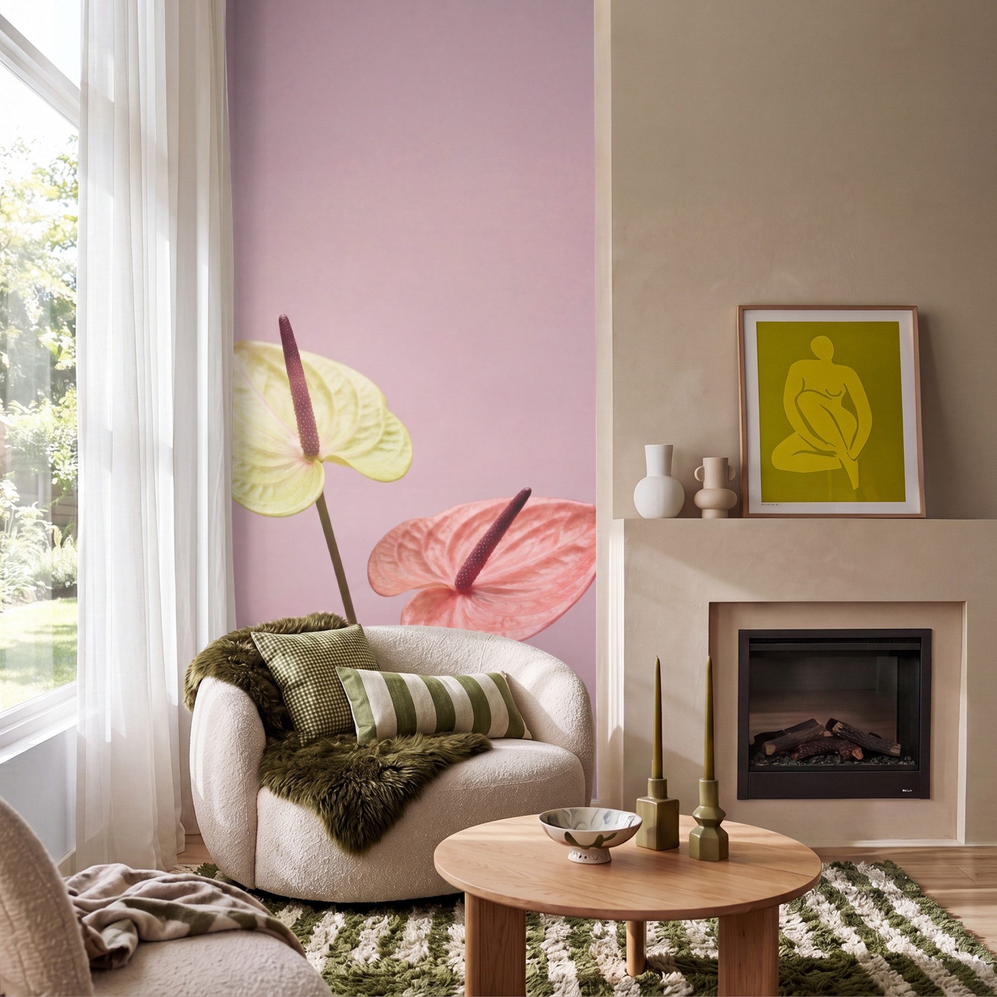 OnlyWow Fototapete Blumen - Anthurien - Gelb - Rosa, Matt, bedruckt, Wandtapete, Schlafzimmer, Wanddekoration 100x220cm