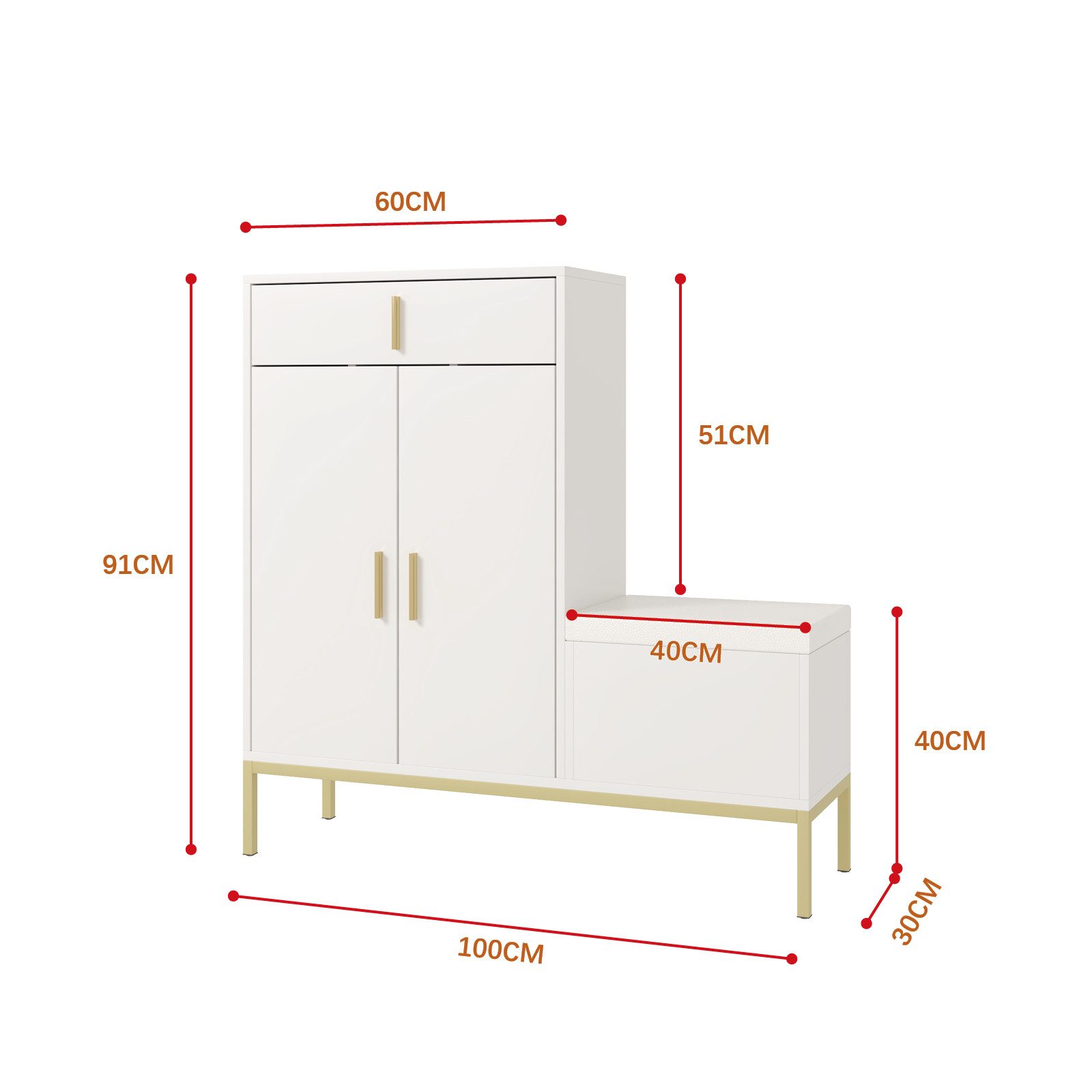 radelldar Schuhschrank mit 1 Schubladen und 1 Verstecktes Staufach, Metallbeine, 100x30x91cm (1-St) verstellbaren Trennwände, 2-in-1 aus Schuhschrank & Sitzbank