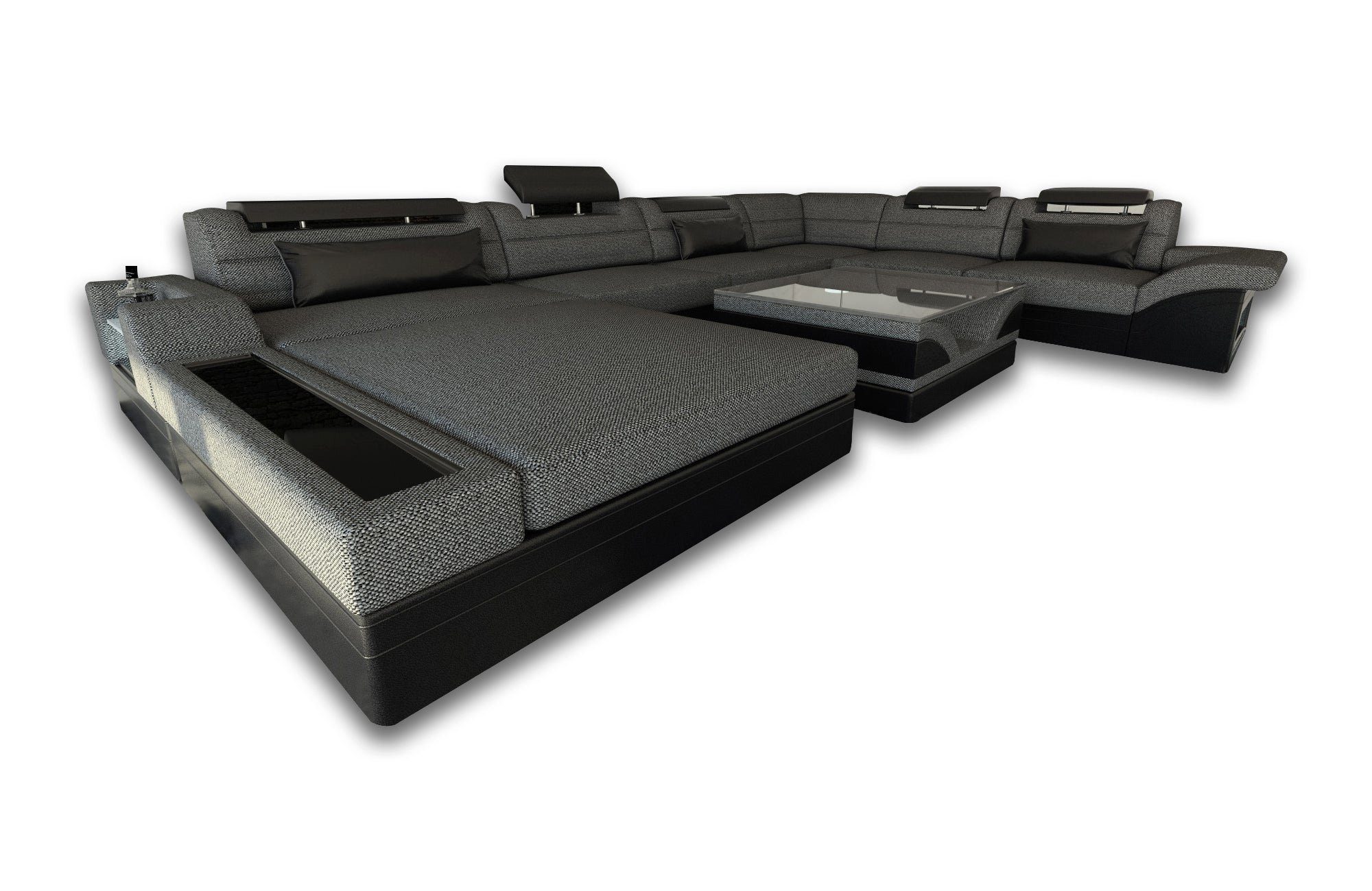 Sofa Dreams Wohnlandschaft Polster Sofa Couch Mezzo XXL U Form Stoffsofa, mit LED, wahlweise mit Bettfunktion als Schlafsofa, Designersofa H2 Macchiato-Weiss