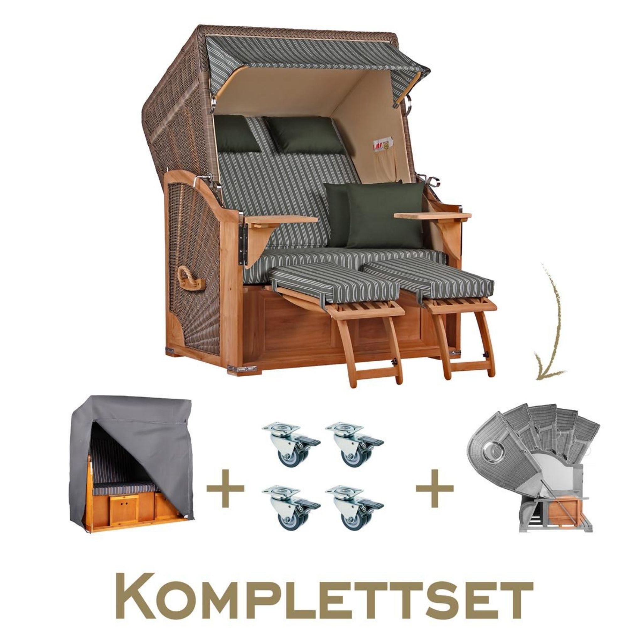 MR.DEKO Strandkorb Komplettset Seeblick Teak PE Grey Grün Volllieger inkl. Lifter & Haube, BxTxH: 125x80x170 cm, Volllieger, Seeblick, (Luxus-Komplettset 4-tlg. inkl. Abdeckhaube, 4-tlg., Strandkorb inkl. Aero Protect, Rollen & Lifter-Set), Wetterfester Strandkorb inkl. Lifter & Rollen, Fertig montiert