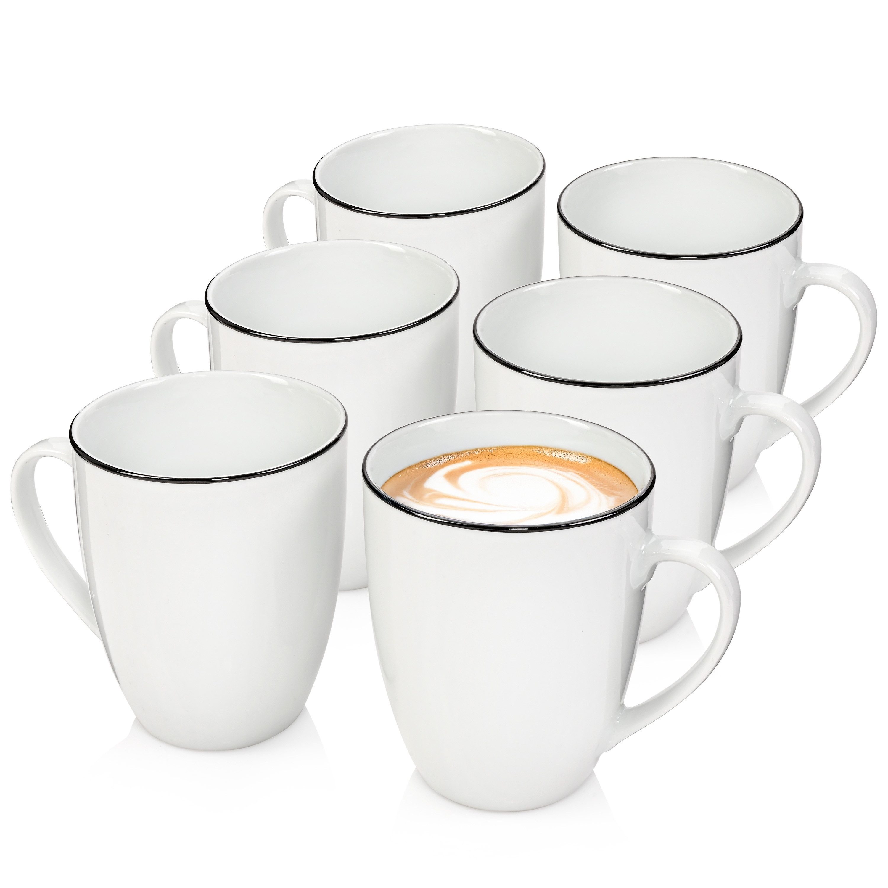 SÄNGER Becher Set Marlo, 6-tlg., Porzellan, Weiß mit schwarzen Akzenten, 6 tlg. Black Rim Kaffeebecher, 350 ml