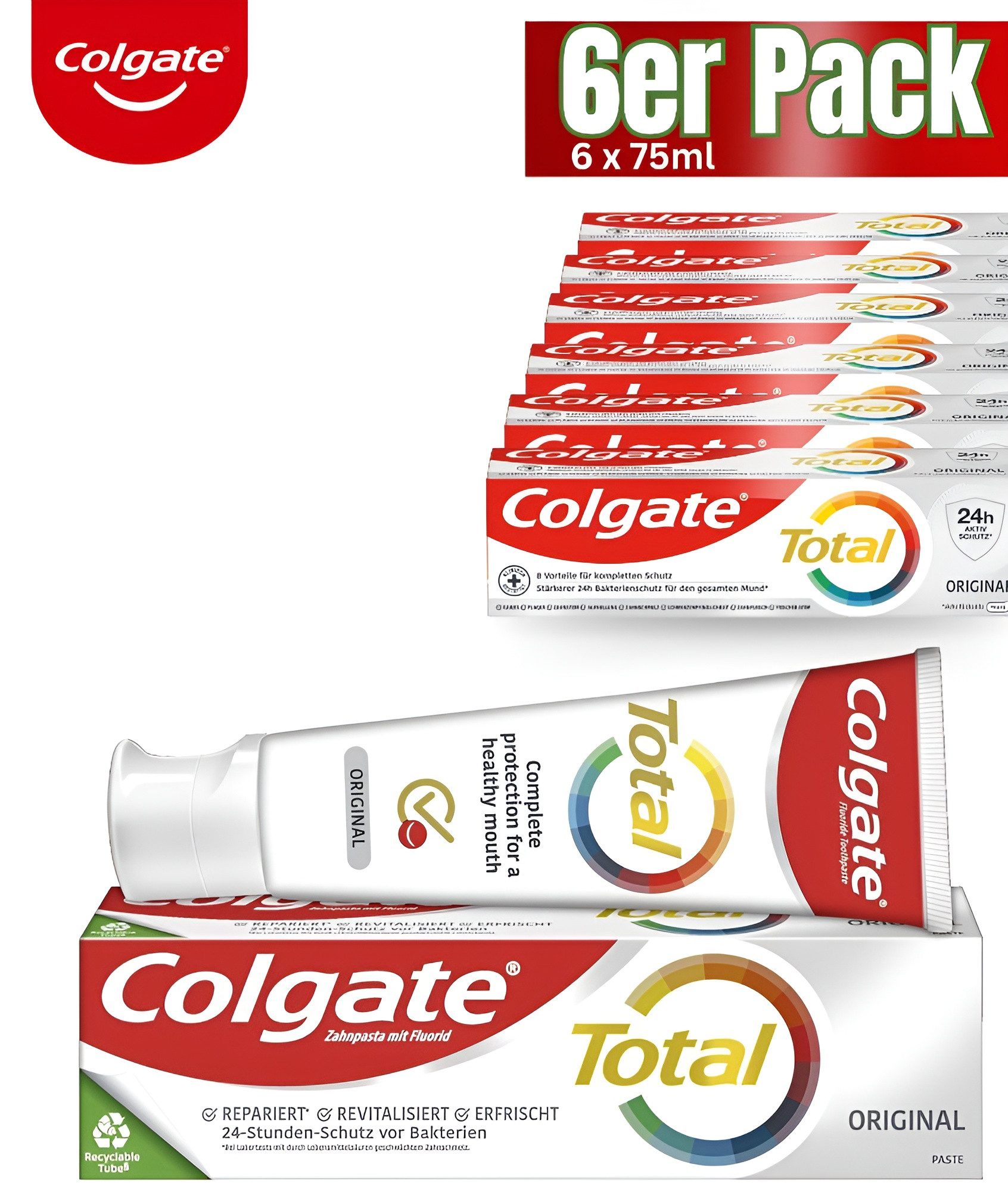 Colgate Zahnpasta Total Original 6er Pack (6x75ml), (Zahnreinigung für einen gesunden Mund und 12 Stunden proaktiven Zahnschutz) – reinigt Zähne, Zahnfleisch, Wangen und Zunge