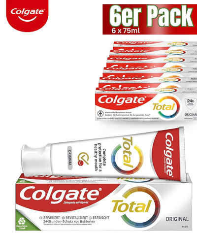 Colgate Zahnpasta Total Original 6er Pack (6x75ml), (Zahnreinigung für einen gesunden Mund und 12 Stunden proaktiven Zahnschutz) – reinigt Zähne, Zahnfleisch, Wangen und Zunge