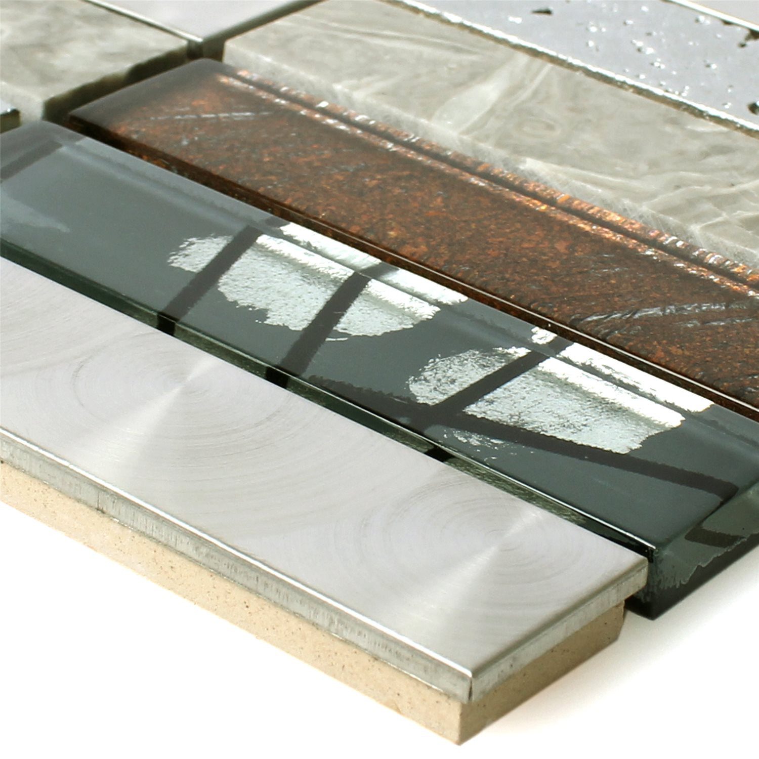 Mosafil Mosaikfliesen Mosaikfliesen Musical Glas Stein Stahl Mix, Naturstein-Glas-Edelstahl 29.800x29.800, schwarz-braun-grau-silber, Verlegefertig auf ein Netz geklebt - Wasserfest