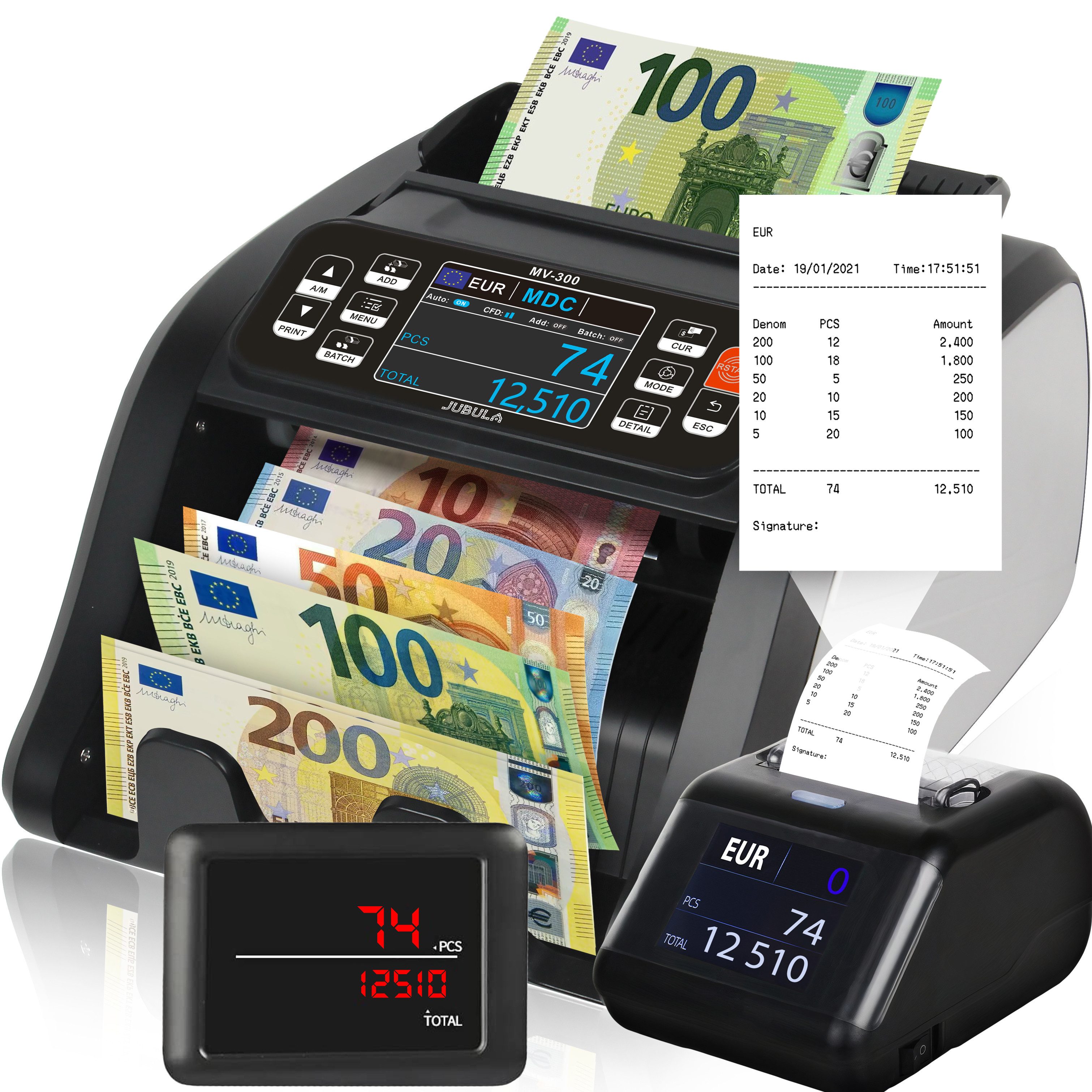 Jubula Banknotenzähler MV-300 + Thermodrucker MPR-1, EUR USD GBP, Geldzählmaschine für gemischte Geldscheine, Exakt