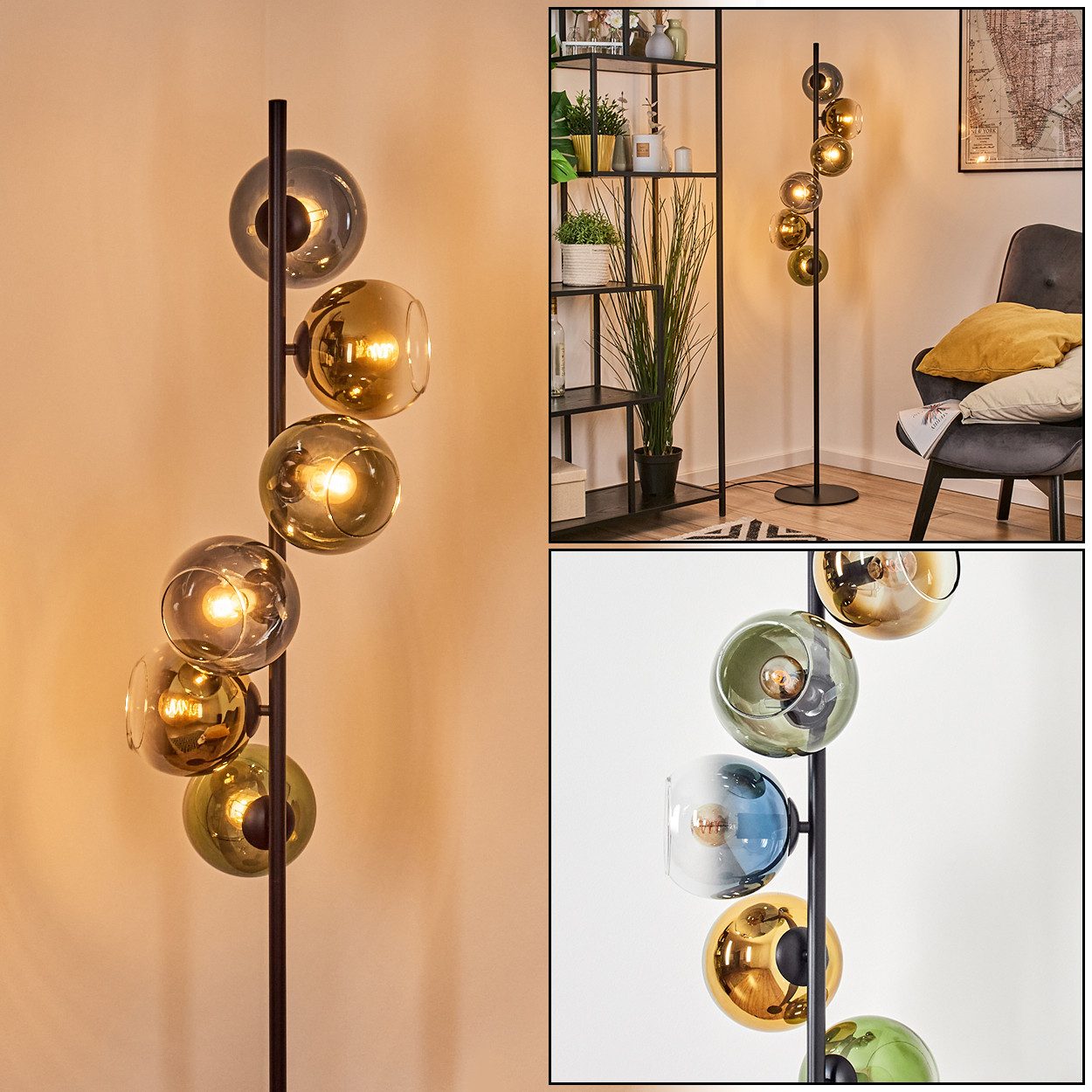 hofstein Stehlampe Stehlampe aus Metall/Glas in Schwarz/Grün/Gold/Blau/Klar, ohne Leuchtmittel, Stehleuchte im Retro/Vintage-Design, Fußschalter, 160 cm, 6 x E14