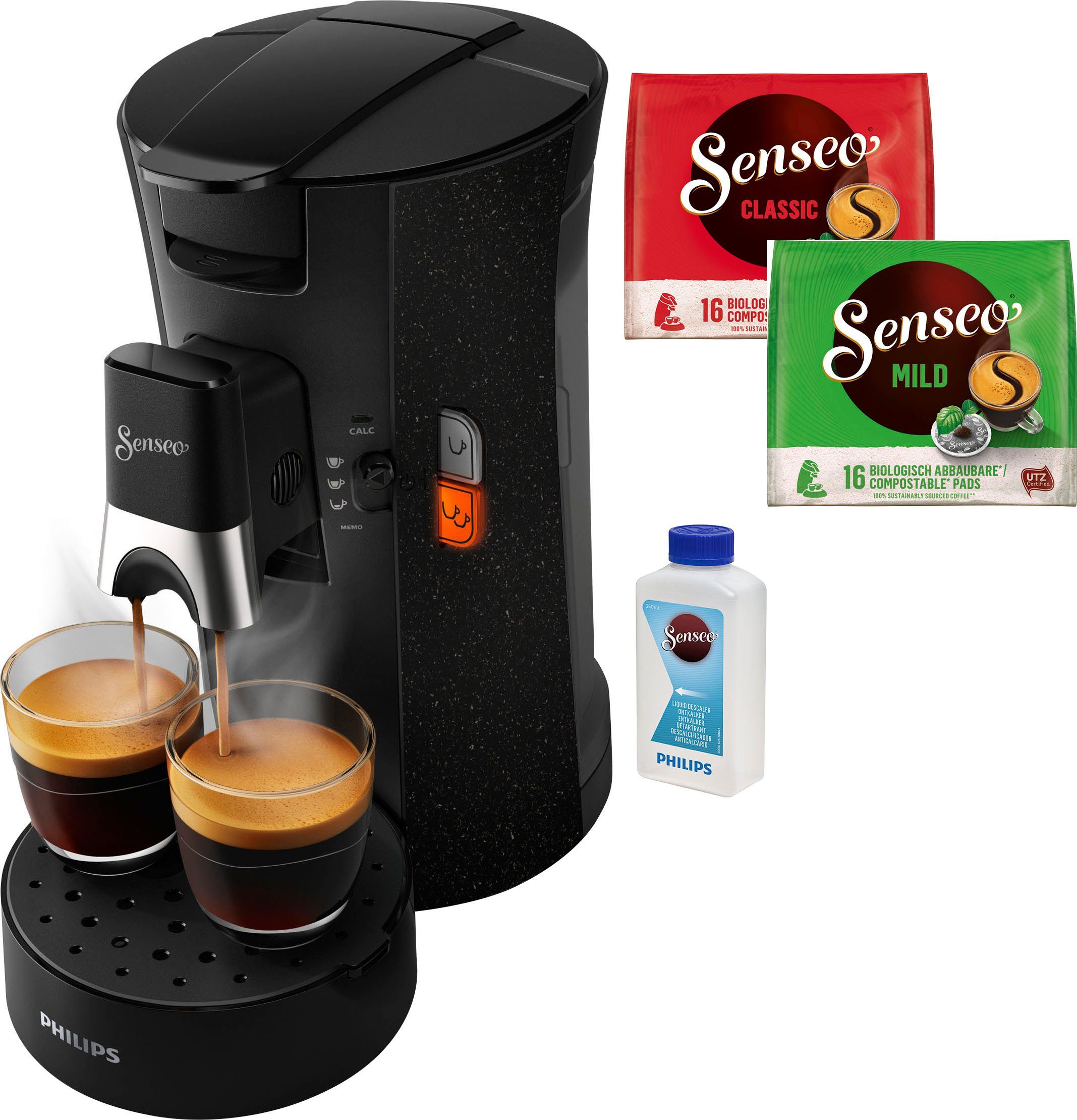aus ECO Memo-Funktion, 37% +3 (Wert Philips Plastik, €14,-UVP) recyceltem Kaffeepadmaschine Senseo Select Kaffeespezialitäten, Gratis-Zugaben CSA240/20,