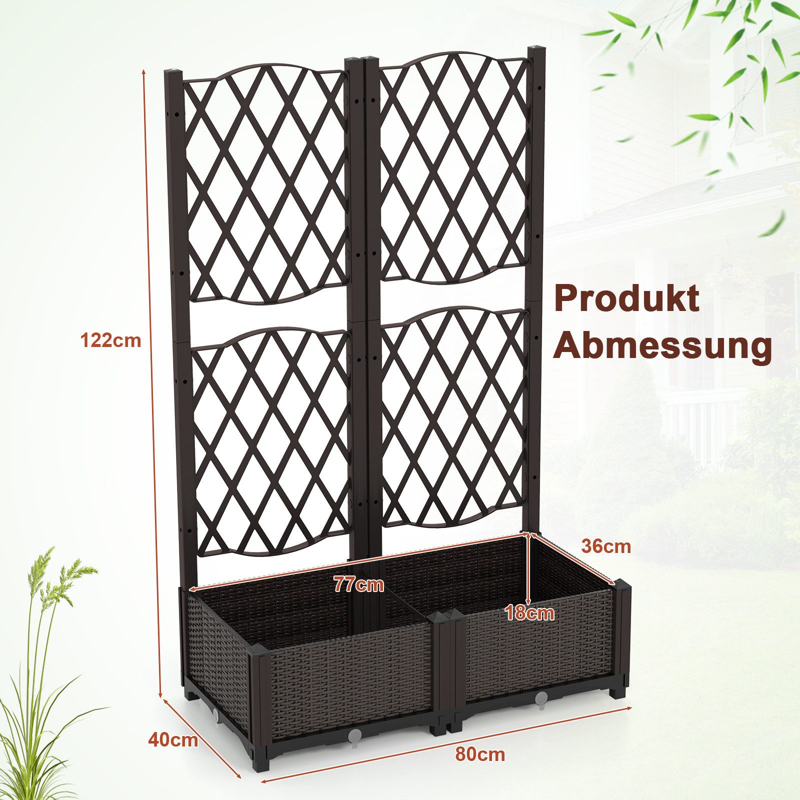 COSTWAY Blumenkasten, mit Rankgitter, Hochbeet mit Spalier, 80x40x122 cm