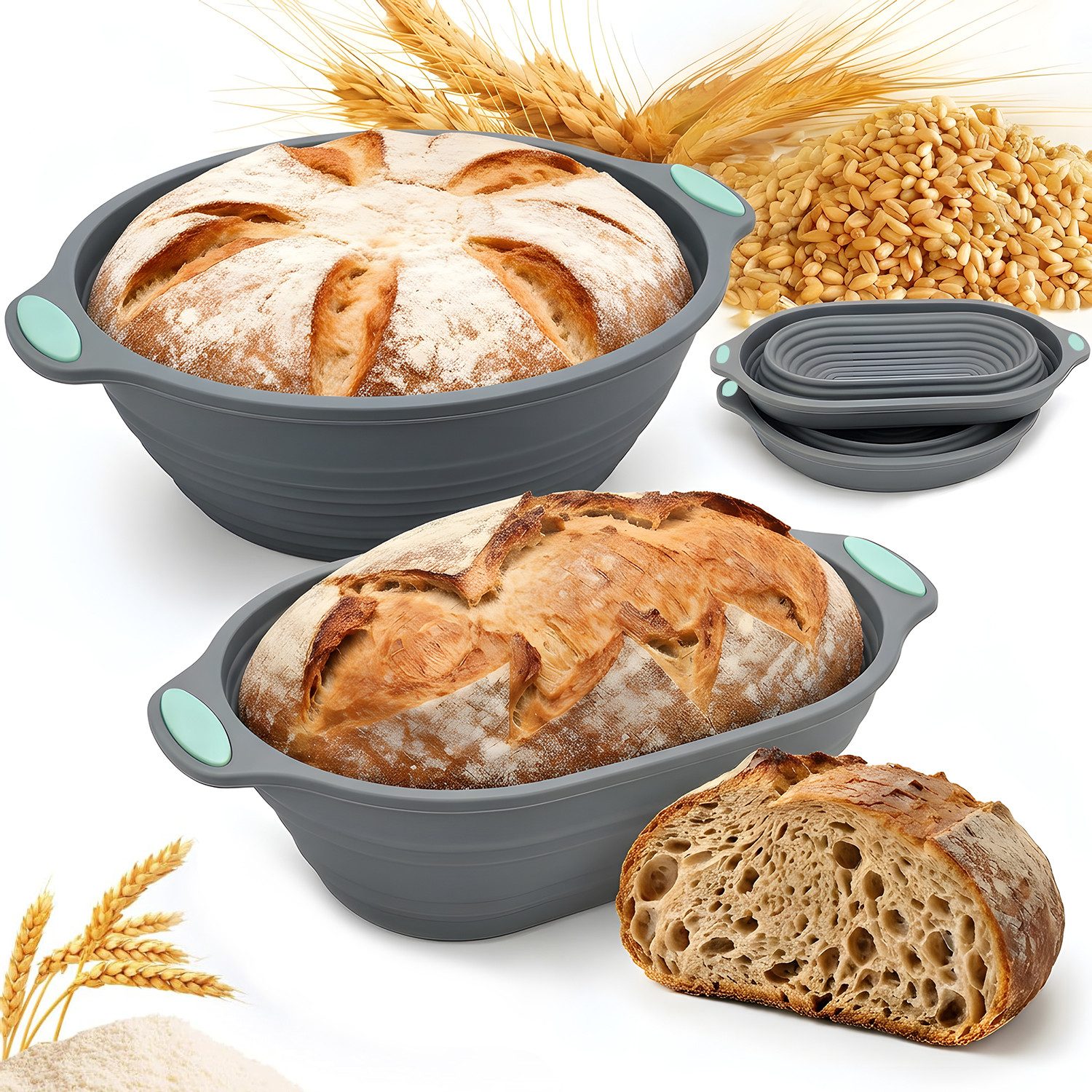 HEYHIPPO 2er Set Silikon Gärkorb – rund & oval, faltbar, hitzebeständig 230°C, (Set), Professionelles Brotbackset – spülmaschinenfest, für Brot & Pizza