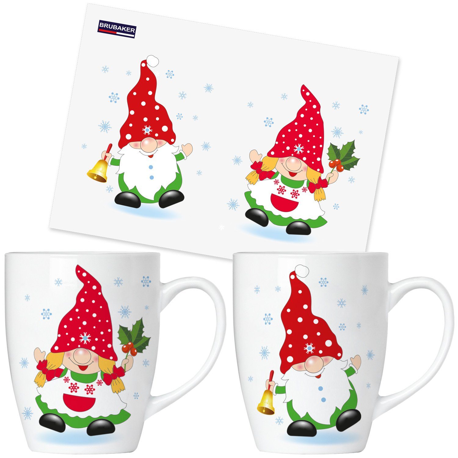 BRUBAKER Tasse Kaffeetassen Weihnachtszwerge mit Gnome - Becher Set 300 Wichtel in Kaffeebecher Weihnachten Geschenkbox - Mug Grußkarte, - Geschenkset Zwergen Keramik, Weihnachtswichtel ml