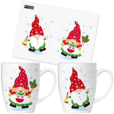 BRUBAKER Tasse Kaffeetassen Weihnachtszwerge mit Grußkarte, Keramik, Weihnachten Kaffeebecher Weihnachtswichtel - 300 ml Wichtel Becher Geschenkset - Zwergen Mug Set in Geschenkbox - Gnome