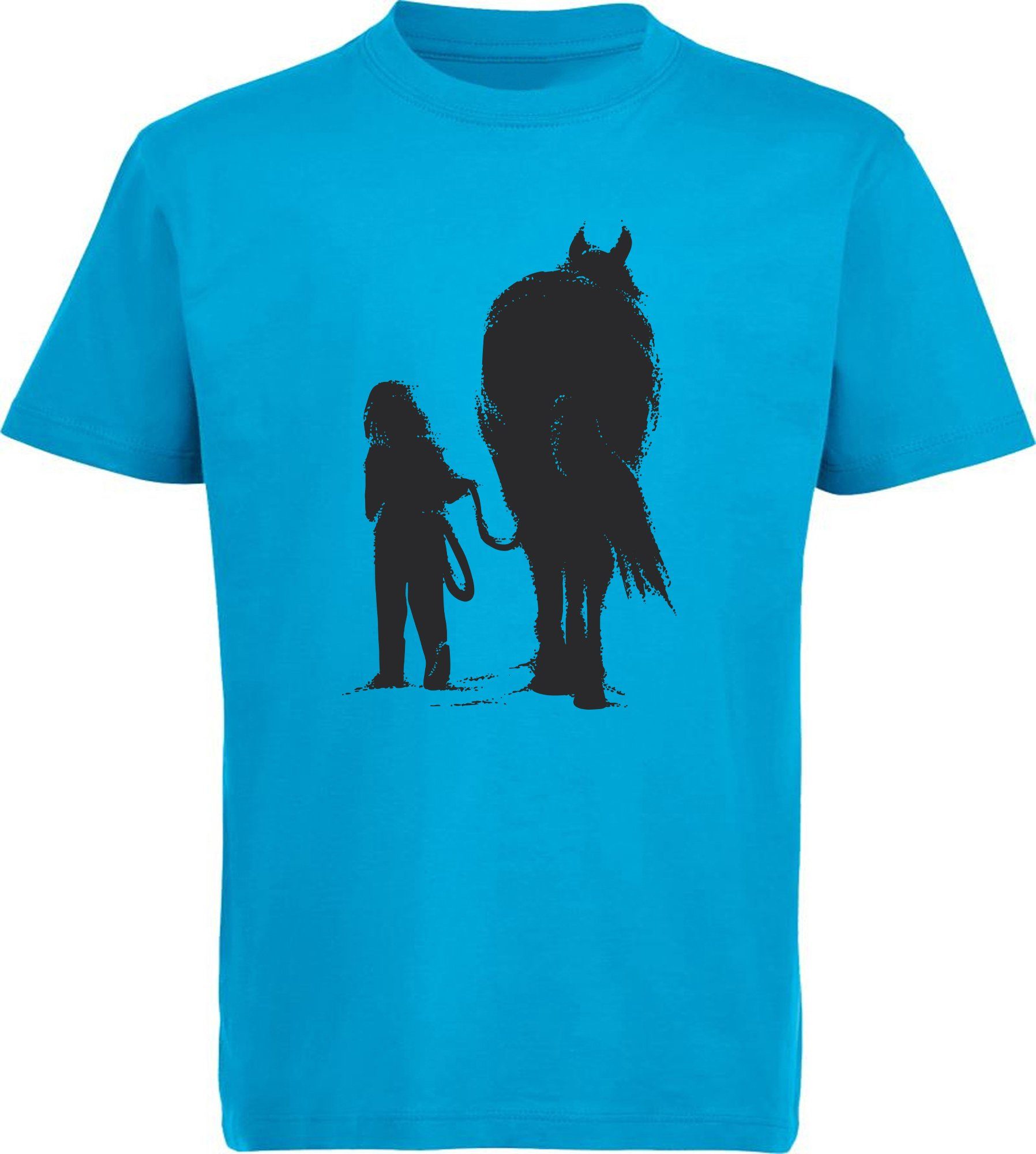 MyDesign24 T-Shirt Kinder Print Shirt bedruckt - Mädchen & Pferd beim Spaziergang Baumwollshirt mit Aufdruck, i250 aqua blau