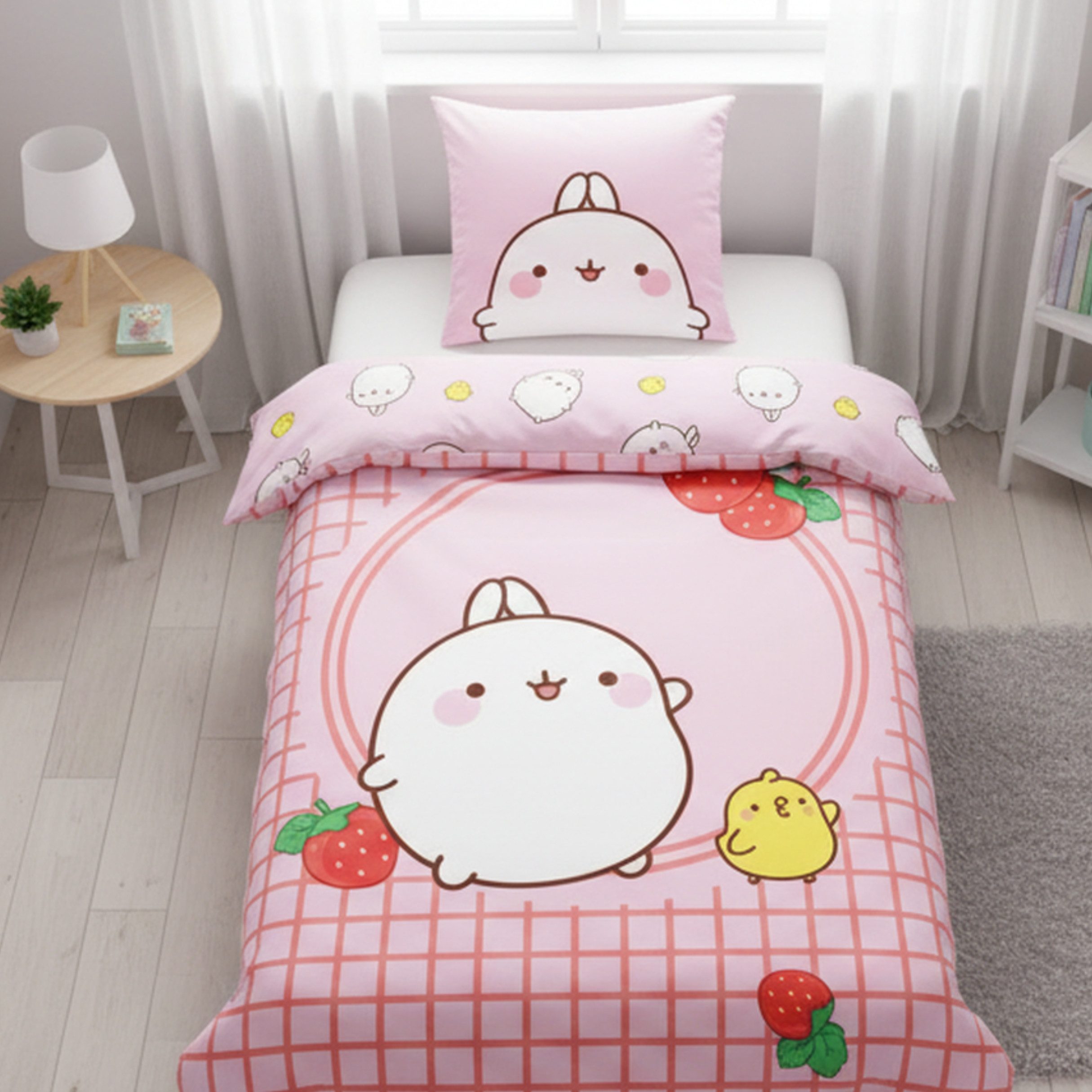 MTOnlinehandel Kinderbettwäsche Molang Kawaii „Strawberry“ 135x200 + 80x80 cm, Renforcé, Piu Piu, 100% Baumwolle, 2 teilig, Trendiges Design in sanften Rosatönen – weich & atmungsaktiv