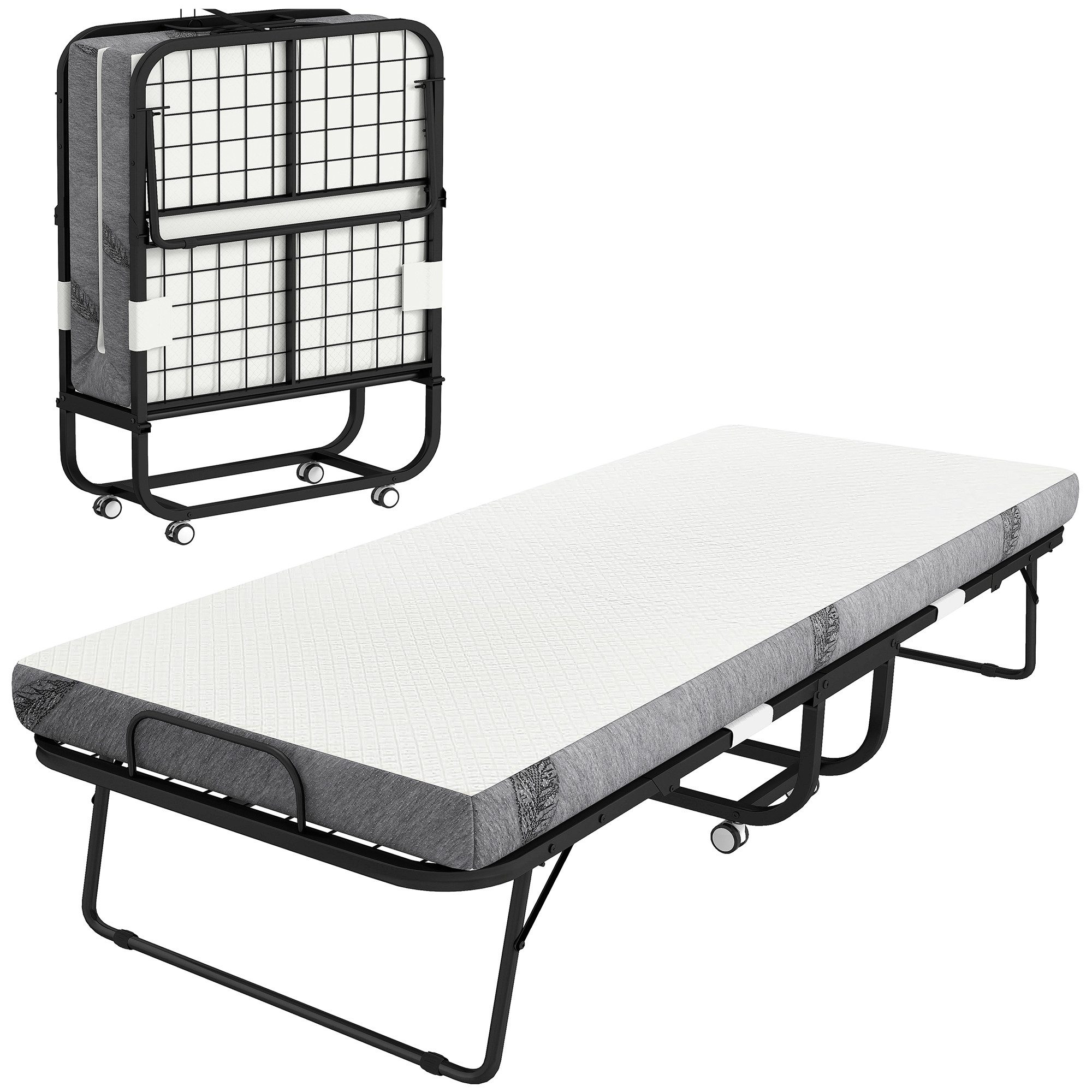 HOMCOM Gästebett Klappbett 90x200 cm mit 10cm Dicker Schaumstoff Einzelbett (Stahl+Schaumstoff, 1-St., Weiß+Schwarz) 200 x 80 x 42,5 cm – Bild 2 von 5