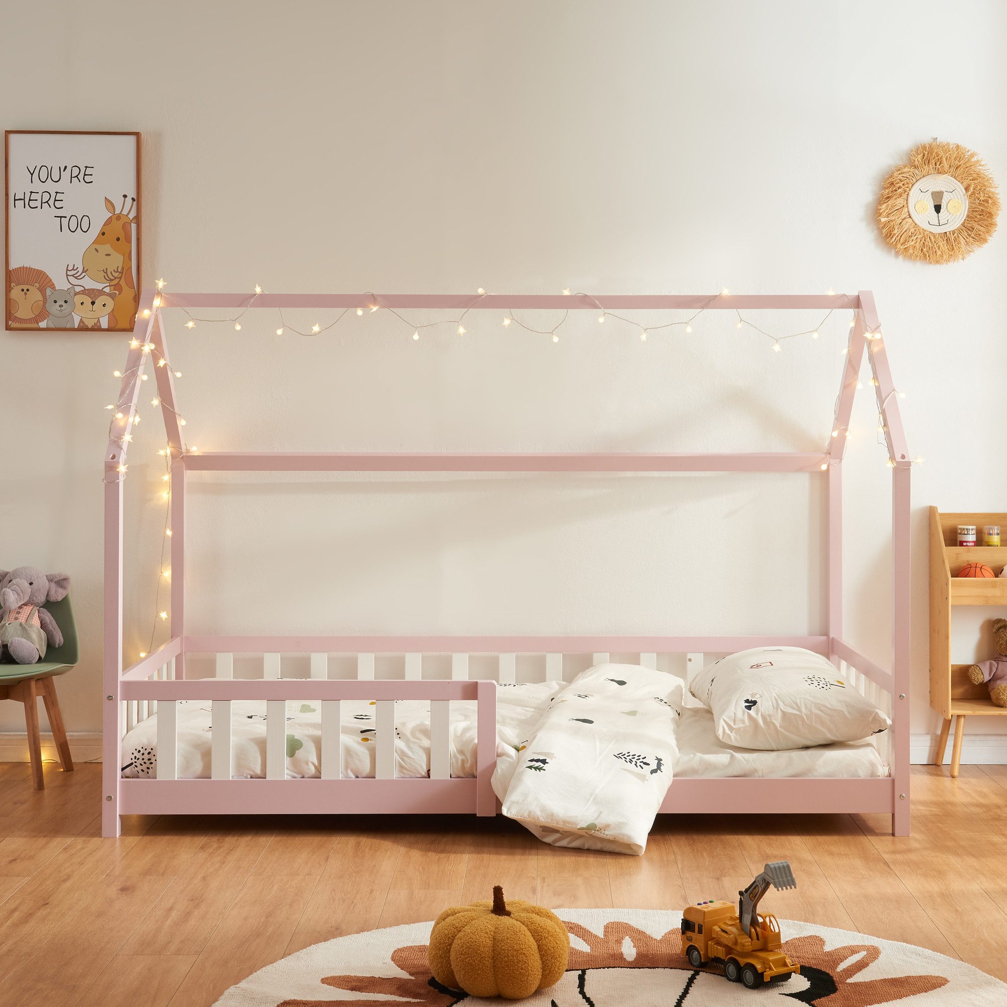 en.casa Hausbett, »Hesel« Montessori Bett Kiefernholz Rosa 90 x 200 cm