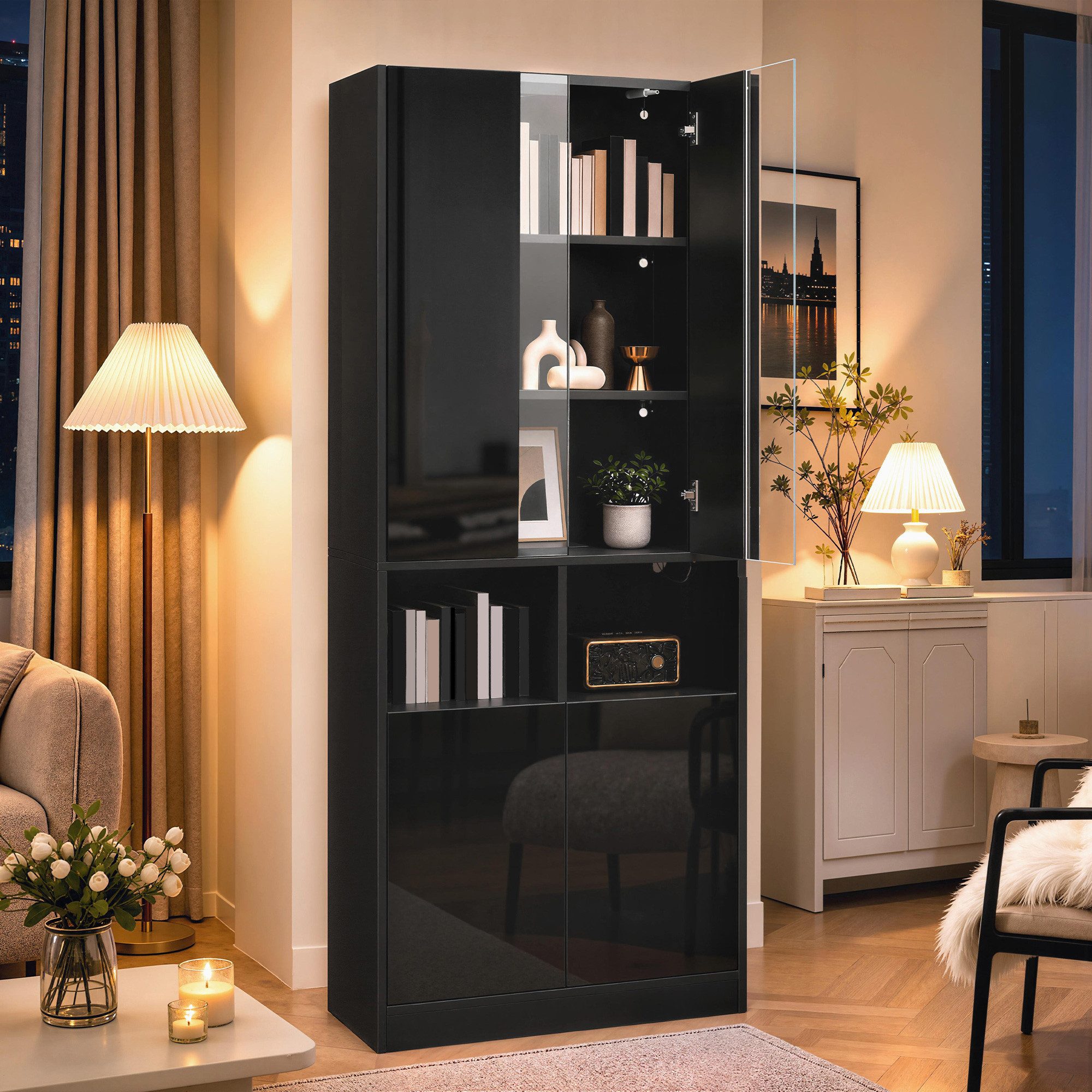 Merax Vitrine mit LED-Beleuchtung inkl.APP, 70Lx35Bx180Hcm (1-St., Wohnzimmerschrank Flurschrank Schlafzimmerschrank) mit Acryl-Sichtfenster,Doppeltüren,verstel – Bild 3 von 5