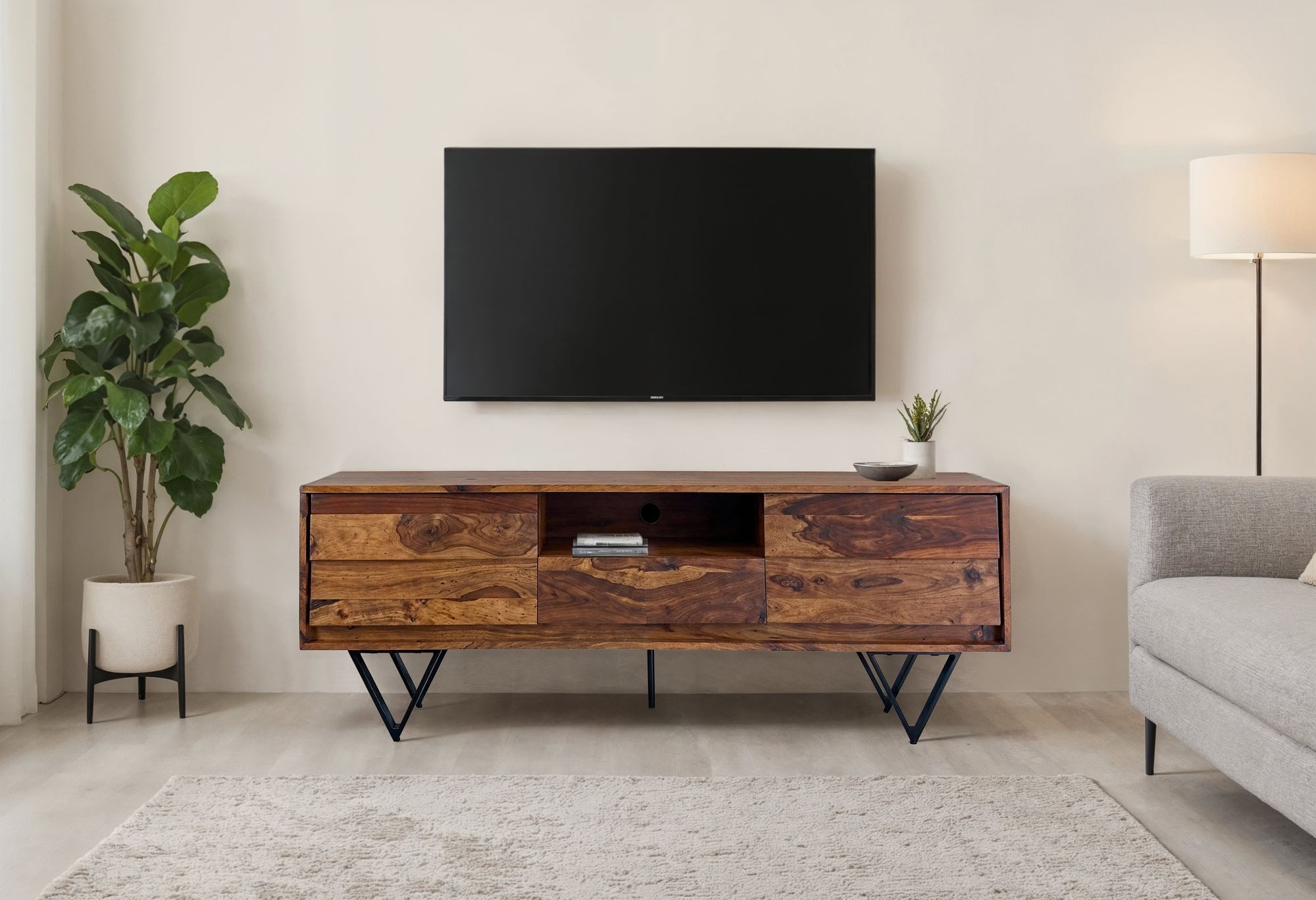 furnicato Lowboard TV Massivholz Walnuss Finish 160x56x35 cm Hellbraun (1 St), Kabeldurchlass TV-Unterschrank mit 3D-Optik und viel Stauraum