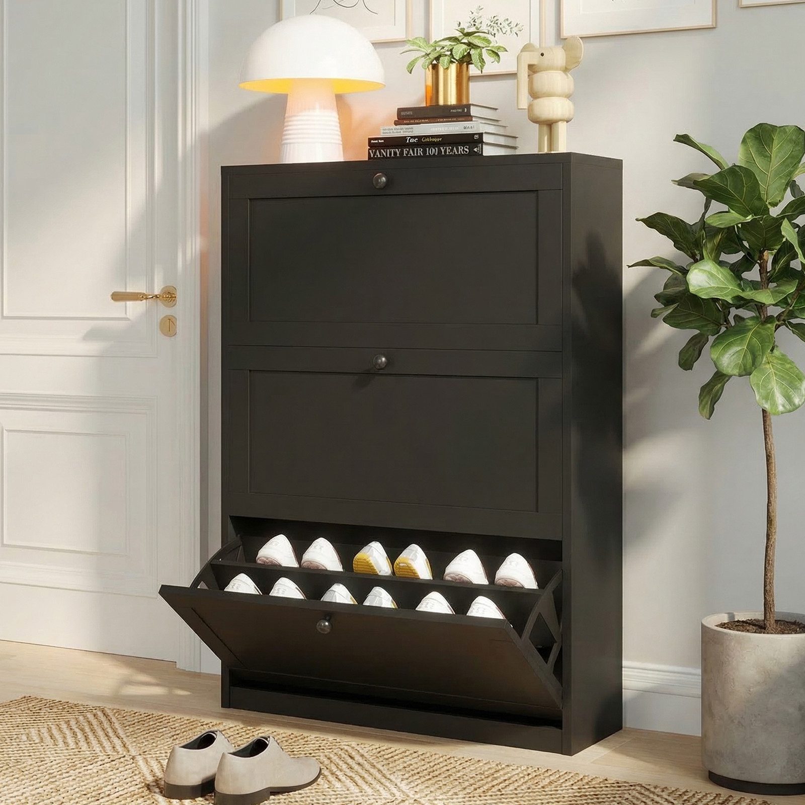 VOWNER Schuhschrank mit 3 Klappen, Schmaler Schuhregal, Verstellbar, 80 x 24 x 117 cm Platzsparend & verstellbar – 24 Paar Schuhe, Schwarz
