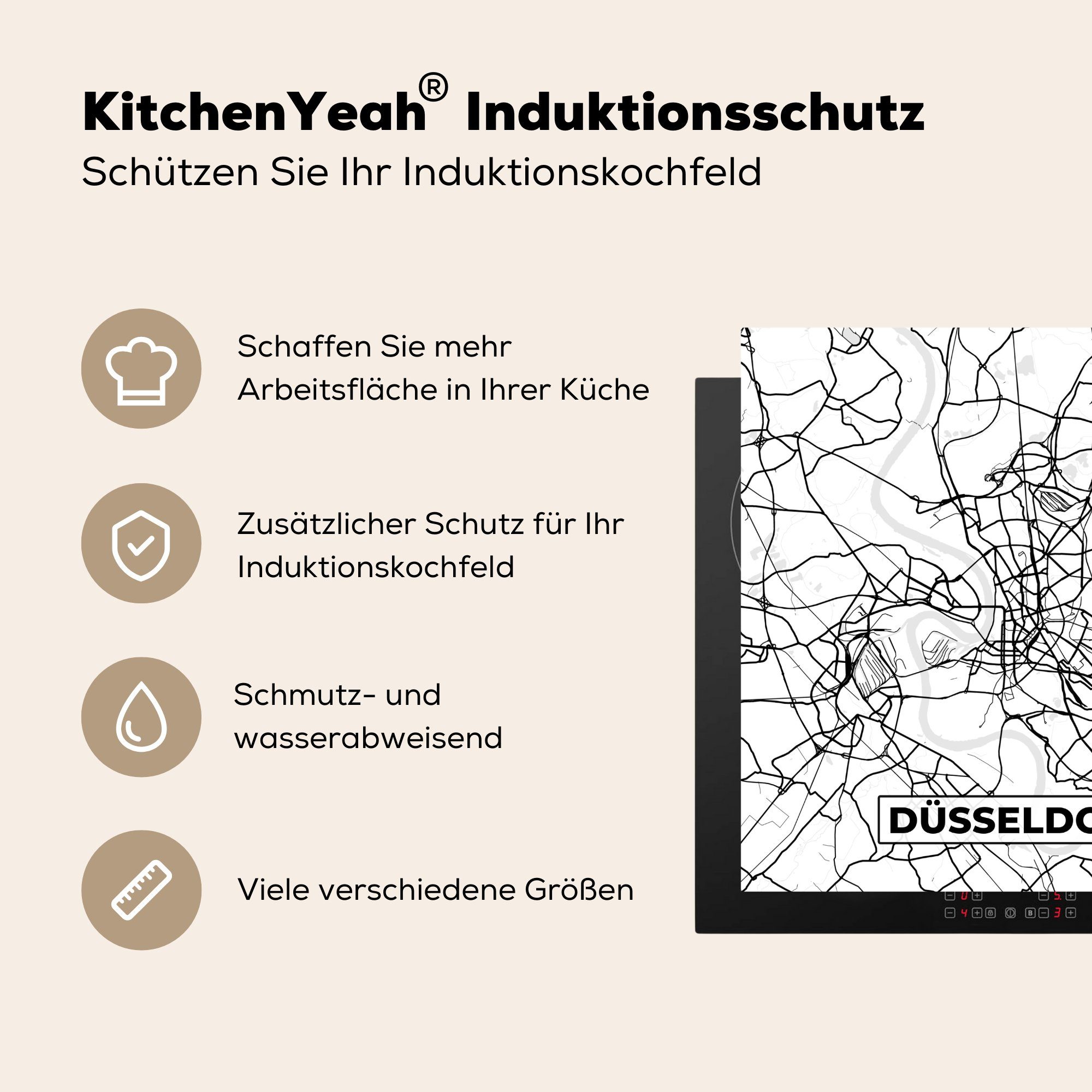 Arbeitsplatte Herdblende-/Abdeckplatte (1 Stadtplan, Karte - küche cm, Ceranfeldabdeckung, - Düsseldorf 78x78 MuchoWow Vinyl, für tlg),