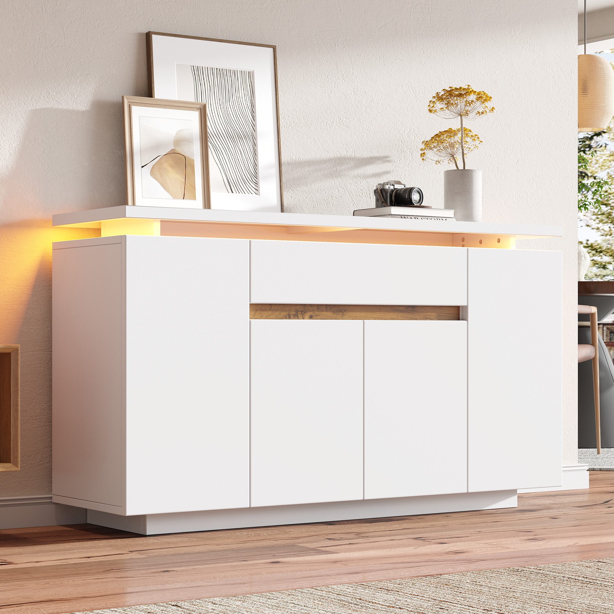 Flieks Kommode mit LED-Beleuchtung, 1 Schublade und 4 Türen (B140xT40xH80 cm, 2 St., Schrank für Wohnzimmer, Schlafzimmer und Esszimmer), Mehrzweckschrank Sideboard mit verstellbarer Einlegeböden Weiß