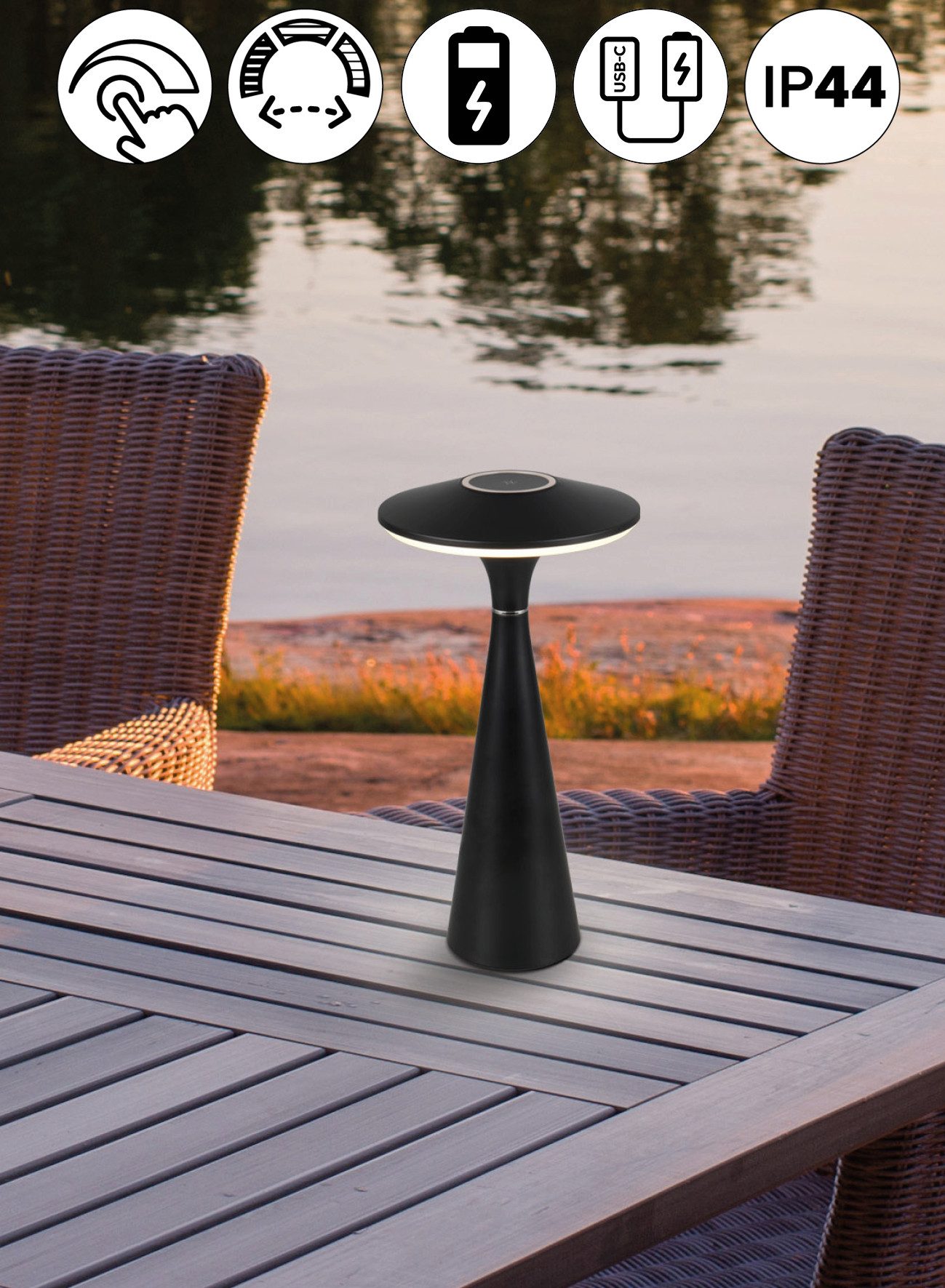 Reality Leuchten LED Tischleuchte TORREZ, Dimmfunktion, USB-Ladefunktion, LED fest integriert, warmweiß - kaltweiß, in-Outdoor Akku Tischlampe mit USB-C, dimmbar, Lichtfarbe einstellbar