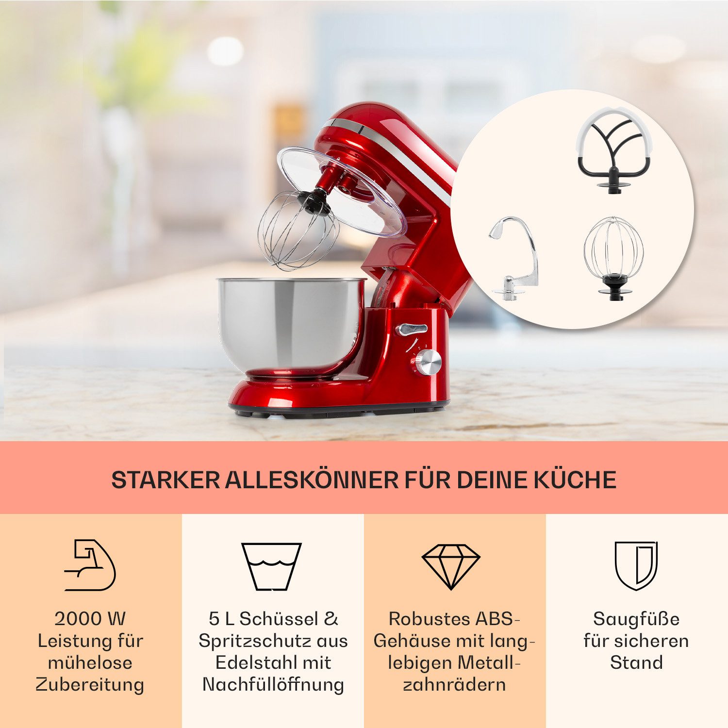 Klarstein Küchenmaschine mit Kochfunktion, 1800 W, 5.2 l Schüssel, Knetmaschine Teigmaschine Teigknetmaschine Rührmaschine Standmixer