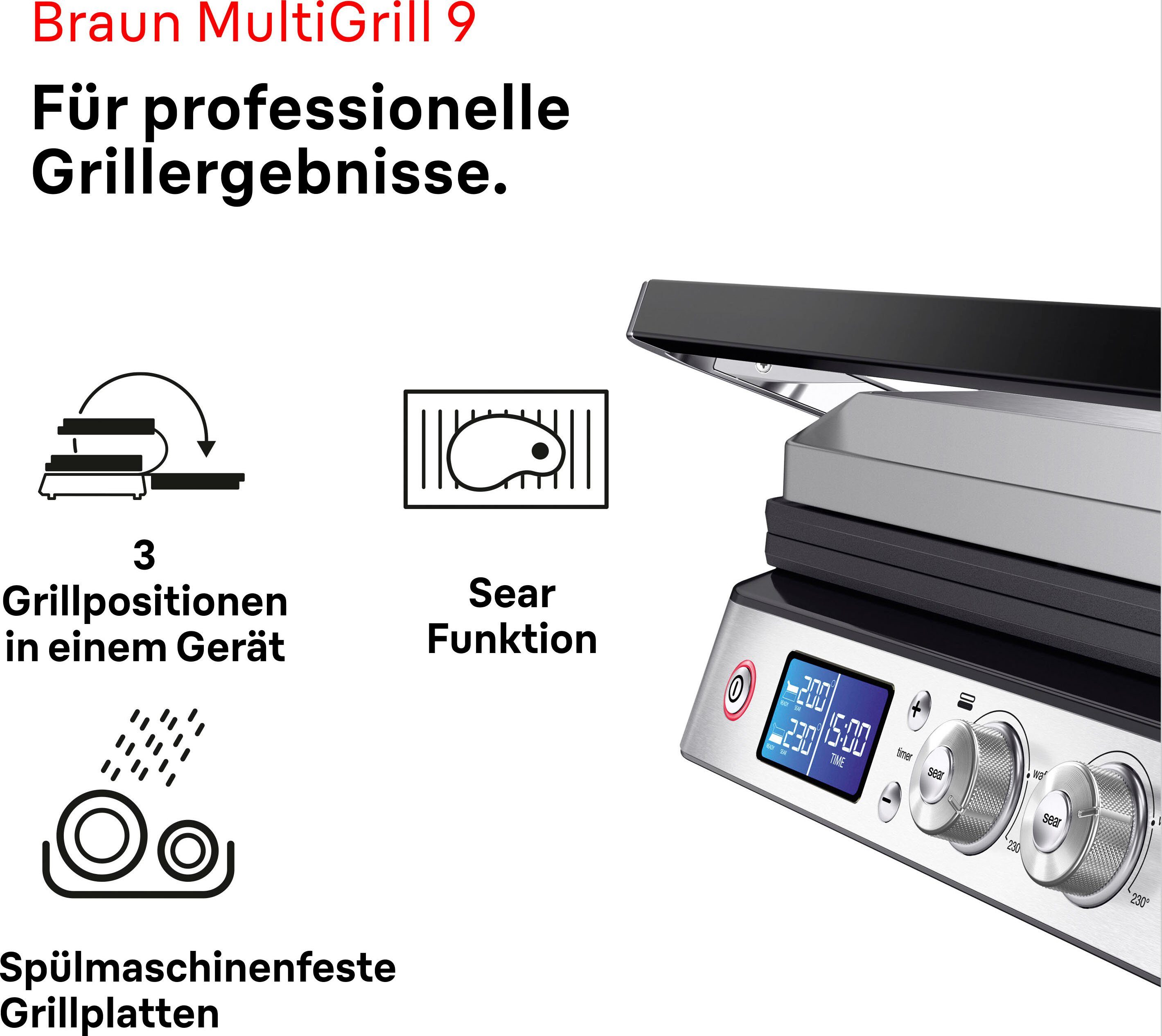 Braun Kontaktgrill MultiGrill 9 CG 9043 - 3 Kochpositionen, bis 250°C, 16 Burger Patties, 2000 W, Spülmaschinenfeste Platten + individuell temperierbar