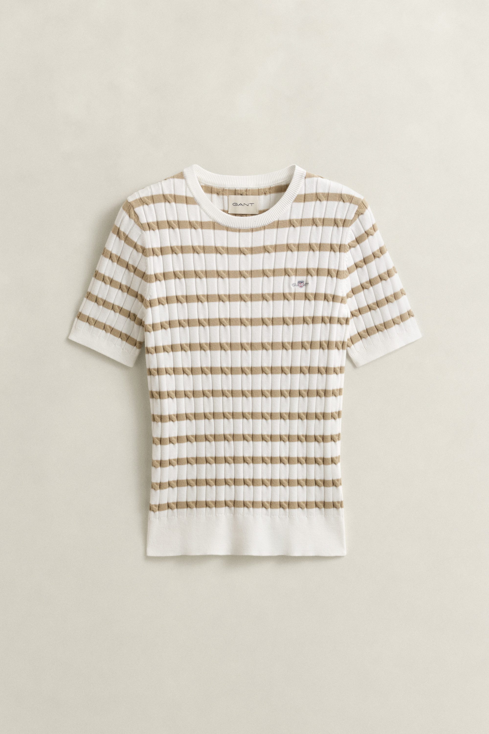 Gant Kurzarmpullover STRETCH COTTON CABLE STRIPE SS Gestreifter Zopfstrick, Rundhals, Schmale Passform