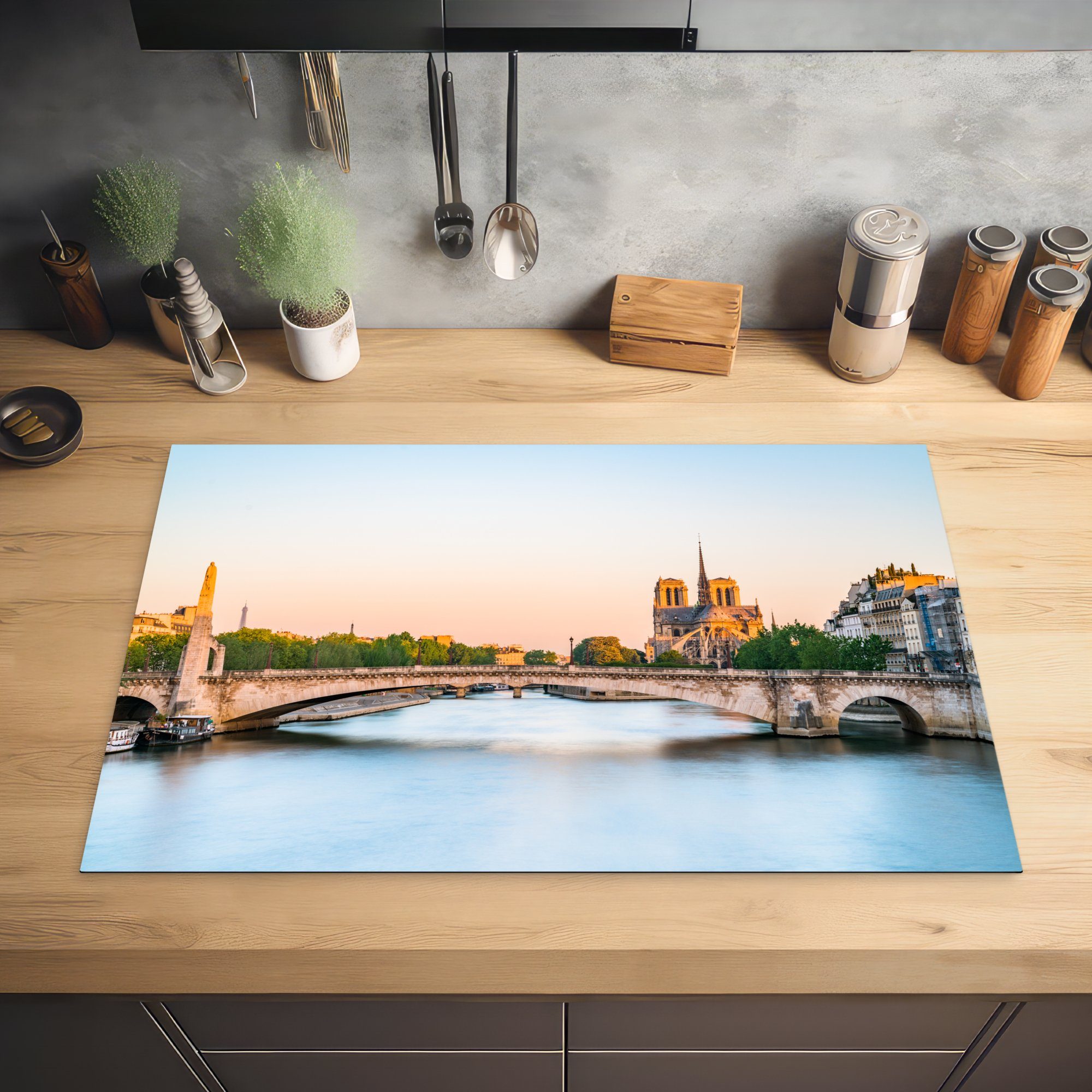 (1 die Brücke Schutz Paris - - tlg), MuchoWow 81x52 Induktionskochfeld Vinyl, Ceranfeldabdeckung Herdblende-/Abdeckplatte für Wasser, küche, cm,