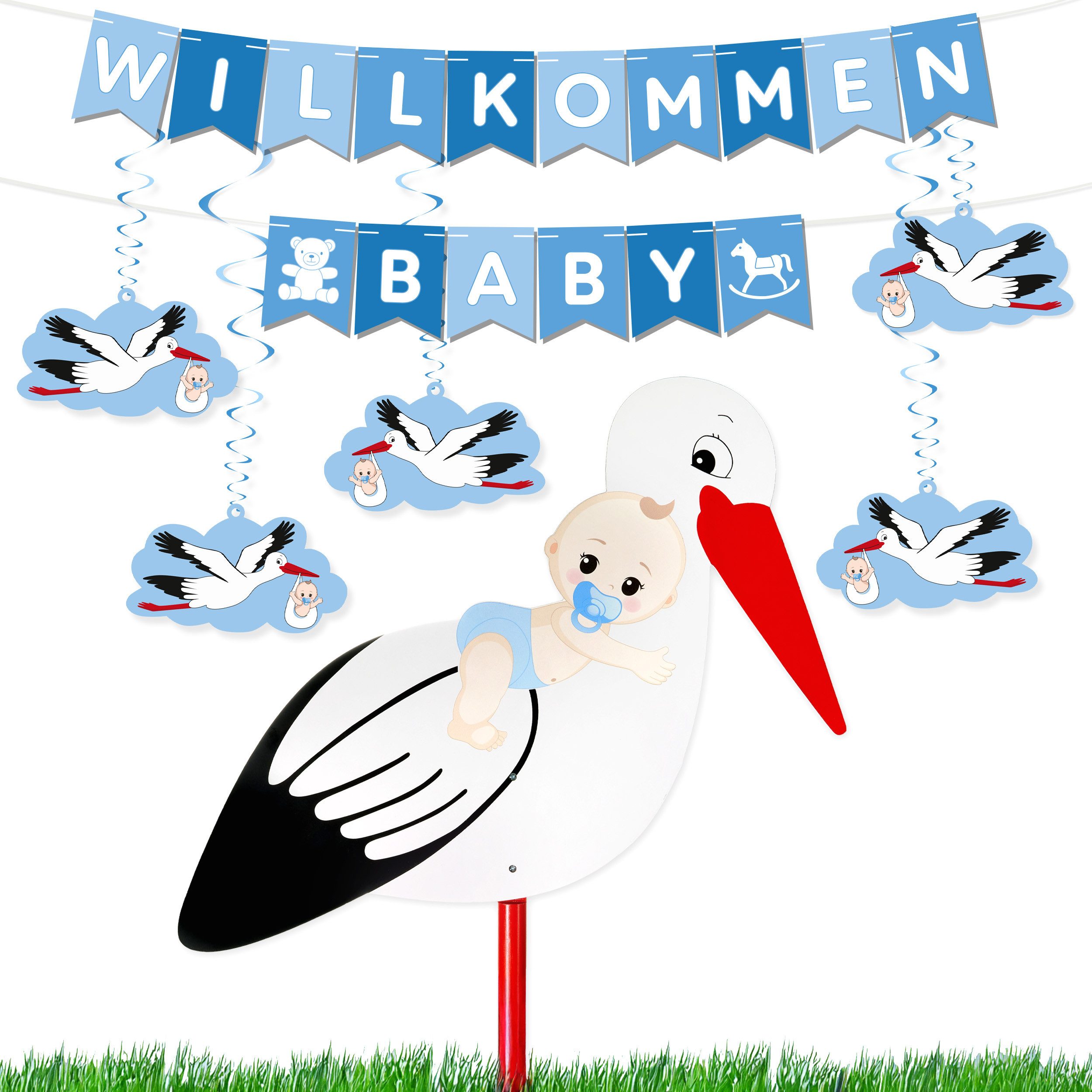 BRUBAKER Girlande Willkommen Baby Girlande + Großer Storch aus Holz für Jungen & Mädchen, Baby Deko Set - Wimpelkette mit Anhängern und Klapperstorch - Deko