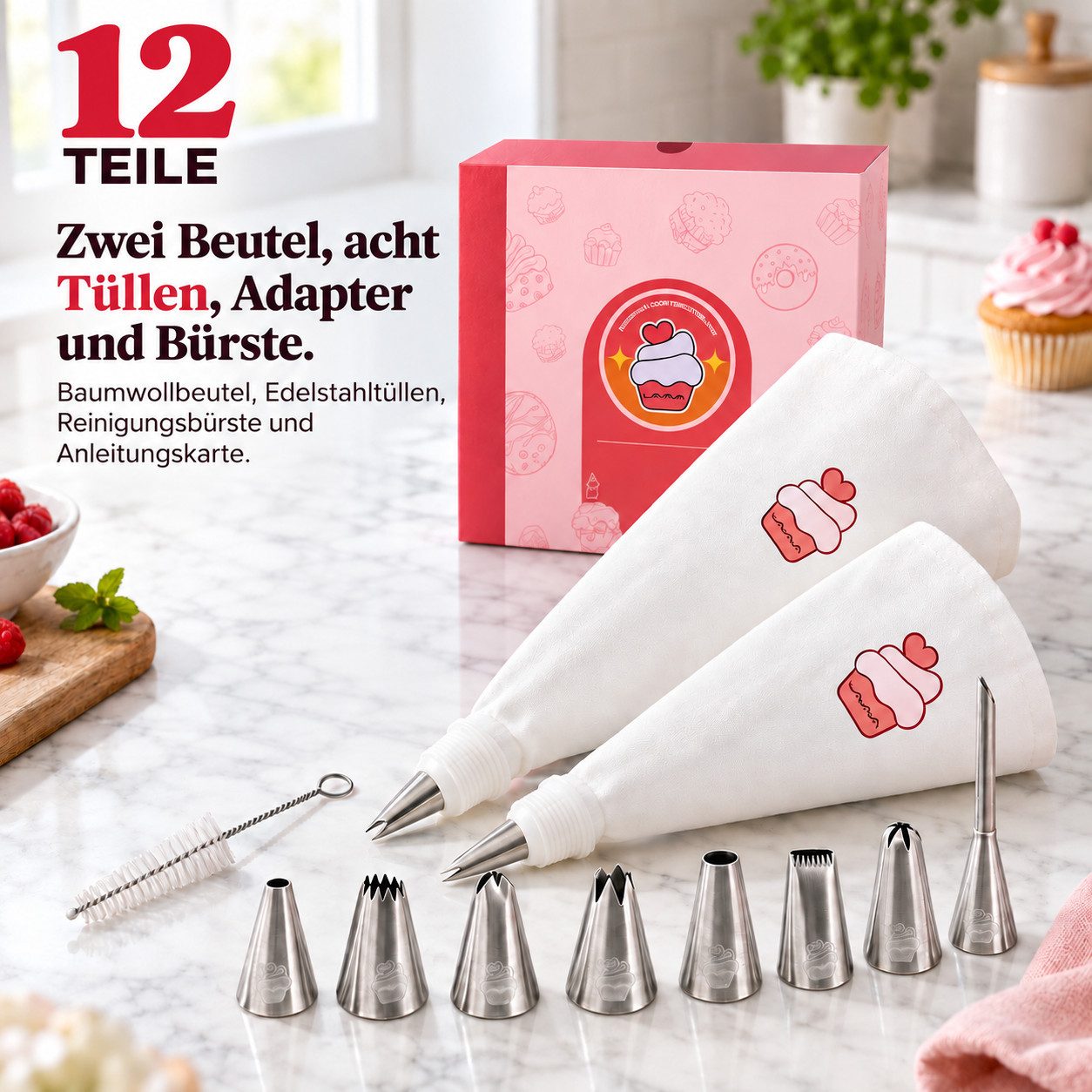 Onbest Spritzbeutel Set 14-tlg. Torten Kuchen Cupcakes Back Zubehör Set (12-tlg) Edelstahl Tülle, 2x Baumwolle Beutel, Geschenk Set fürs Backen – Bild 2 von 5