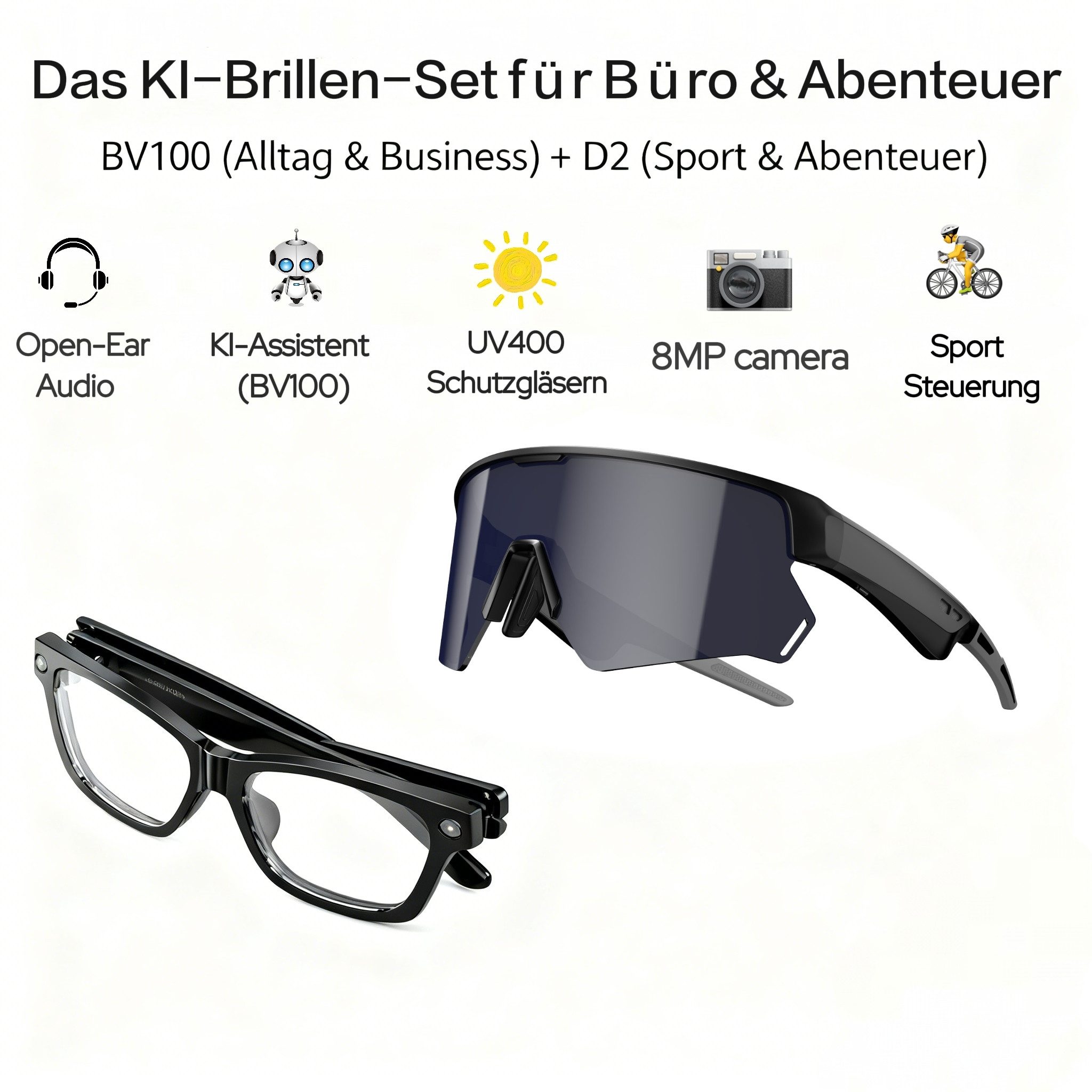 blackview LED-Brille Blackview KI-Brillen Set: BV100 + D2 8MP Kamera, 1200P Video, Open-Ear Audio, KI-Assistent, ENC, 5h Akku