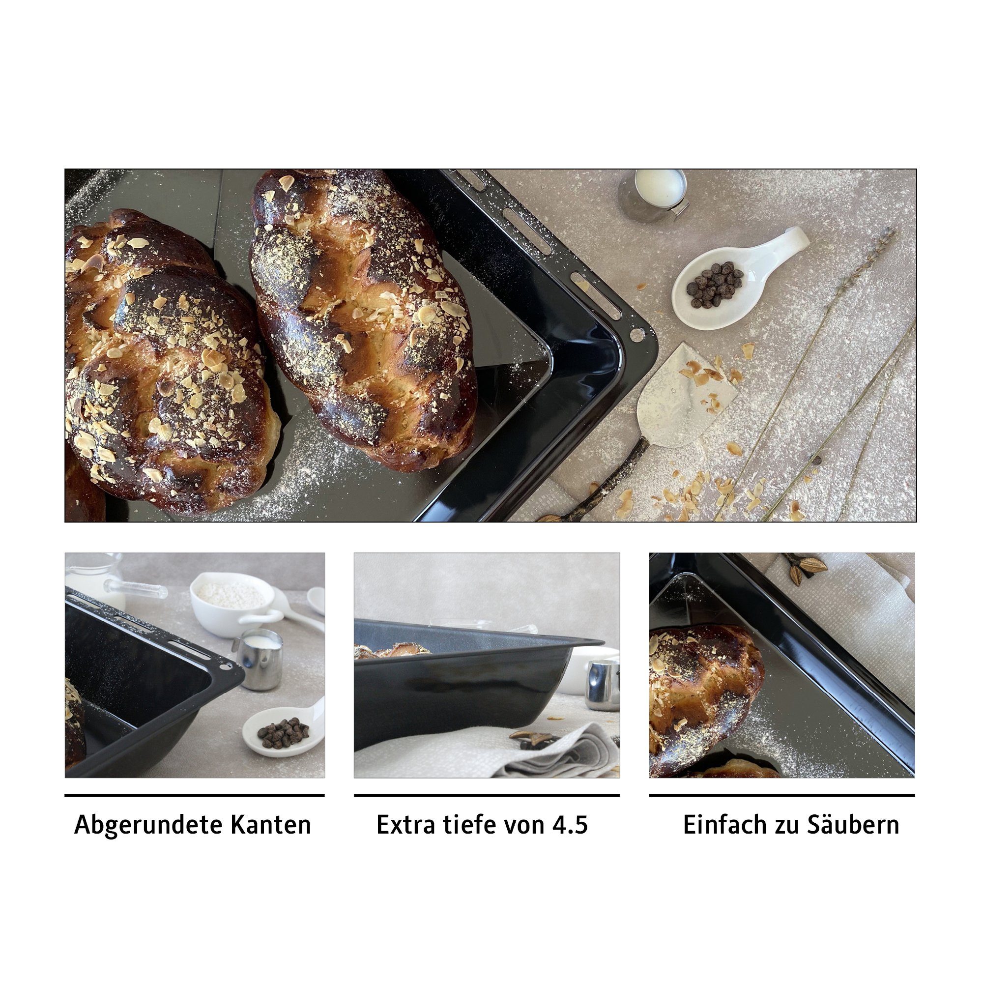 ICQN Backblech 422x375x 30 und 45 mm Tiefe, Emaille, (Set mit Backofenrost, 3-St., Tiefe von 4,5 cm mit Standard Maßen), Fettpfanne für Backofen und Herd, Kratzfest & Rostfrei