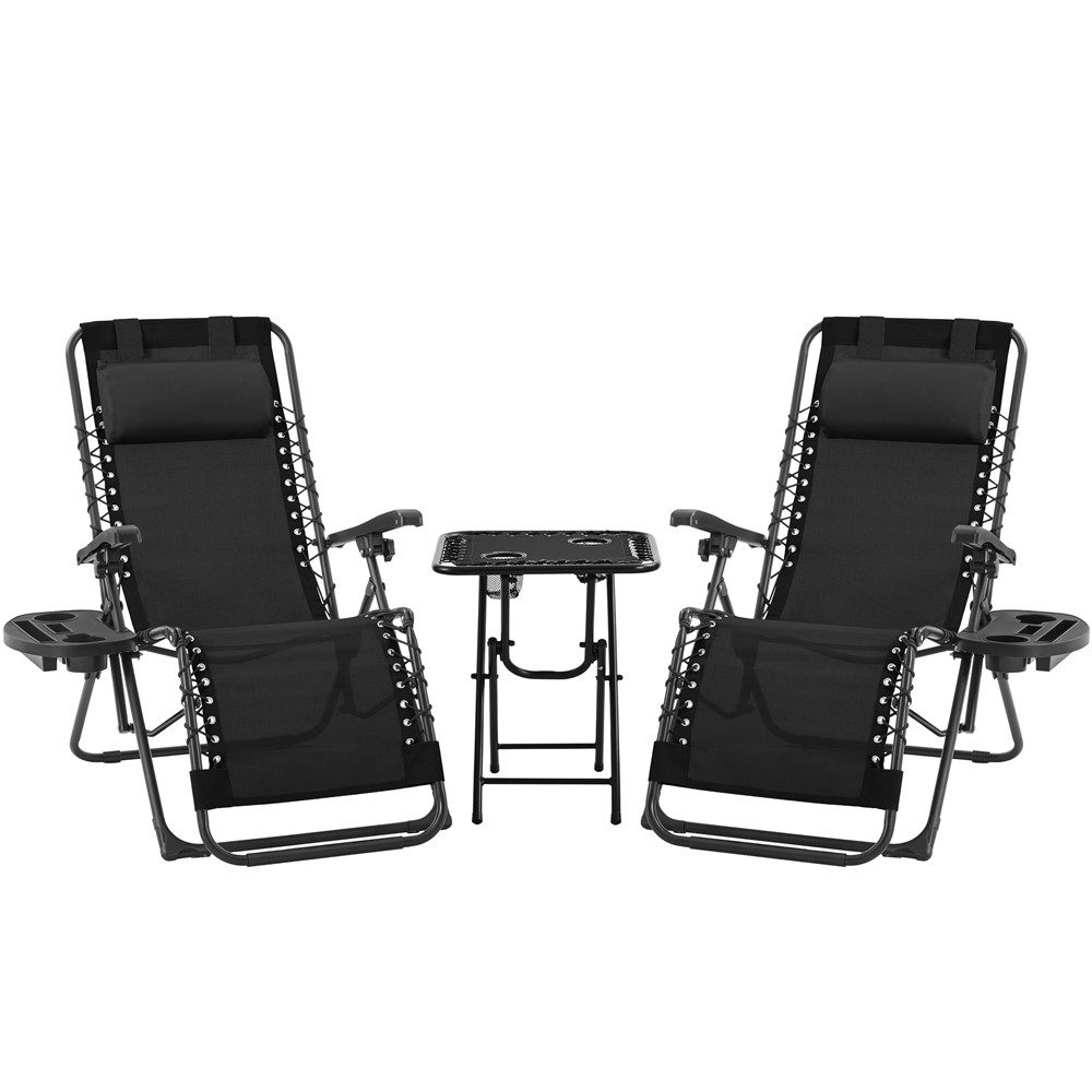 Yaheetech Gartenliege 3 Stk. Gartenmöbel-Set aus Zero-Gravity-Liegestuhl & Klapptisch, 2 × Gartenliege, 1 × Klapptisch, Relaxliege Klappbar & Tragbar mit Auflage & Becherhalter & Kopfkissen