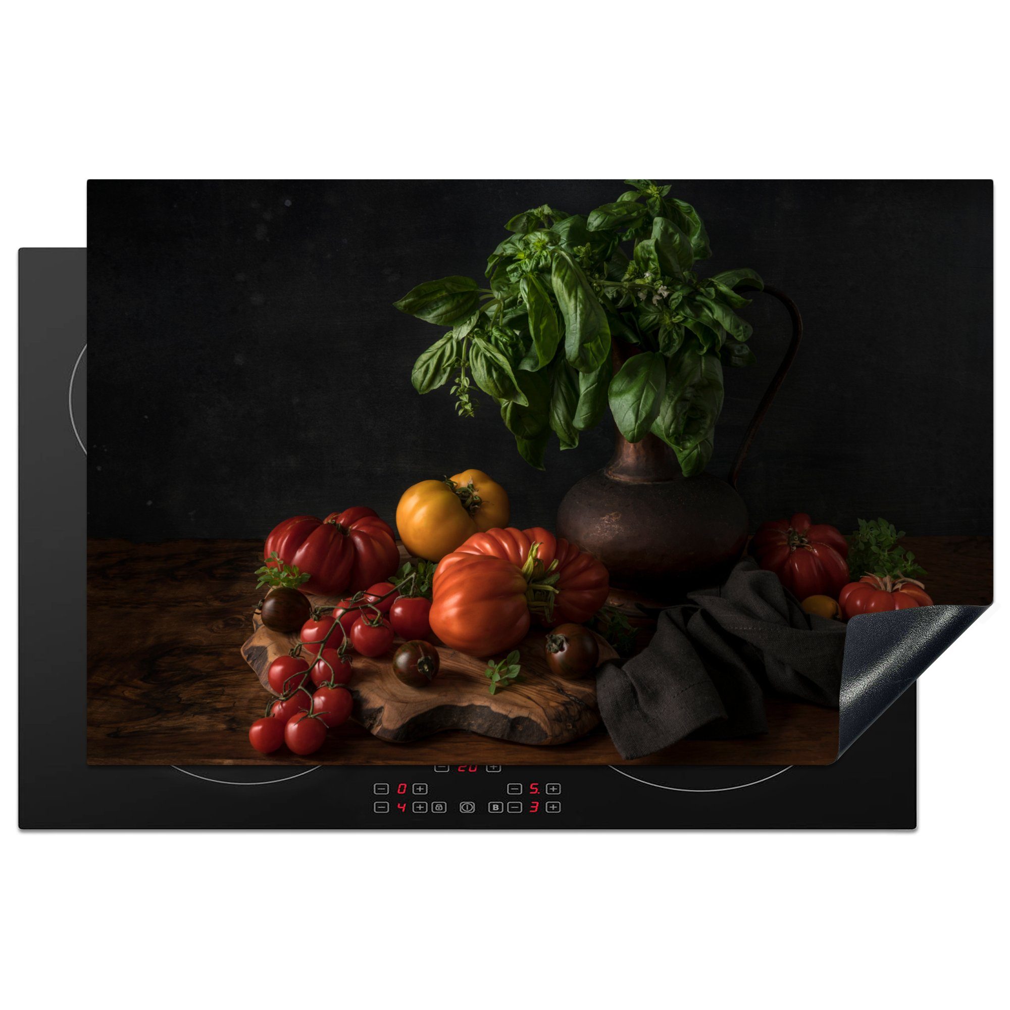 MuchoWow Herdblende-/Abdeckplatte Stilleben - - Tomaten Basilikum Schutz - tlg), Induktionskochfeld Schwarz, die cm, Gemälde für - küche, 81x52 Vinyl, Gemüse Ceranfeldabdeckung - (1