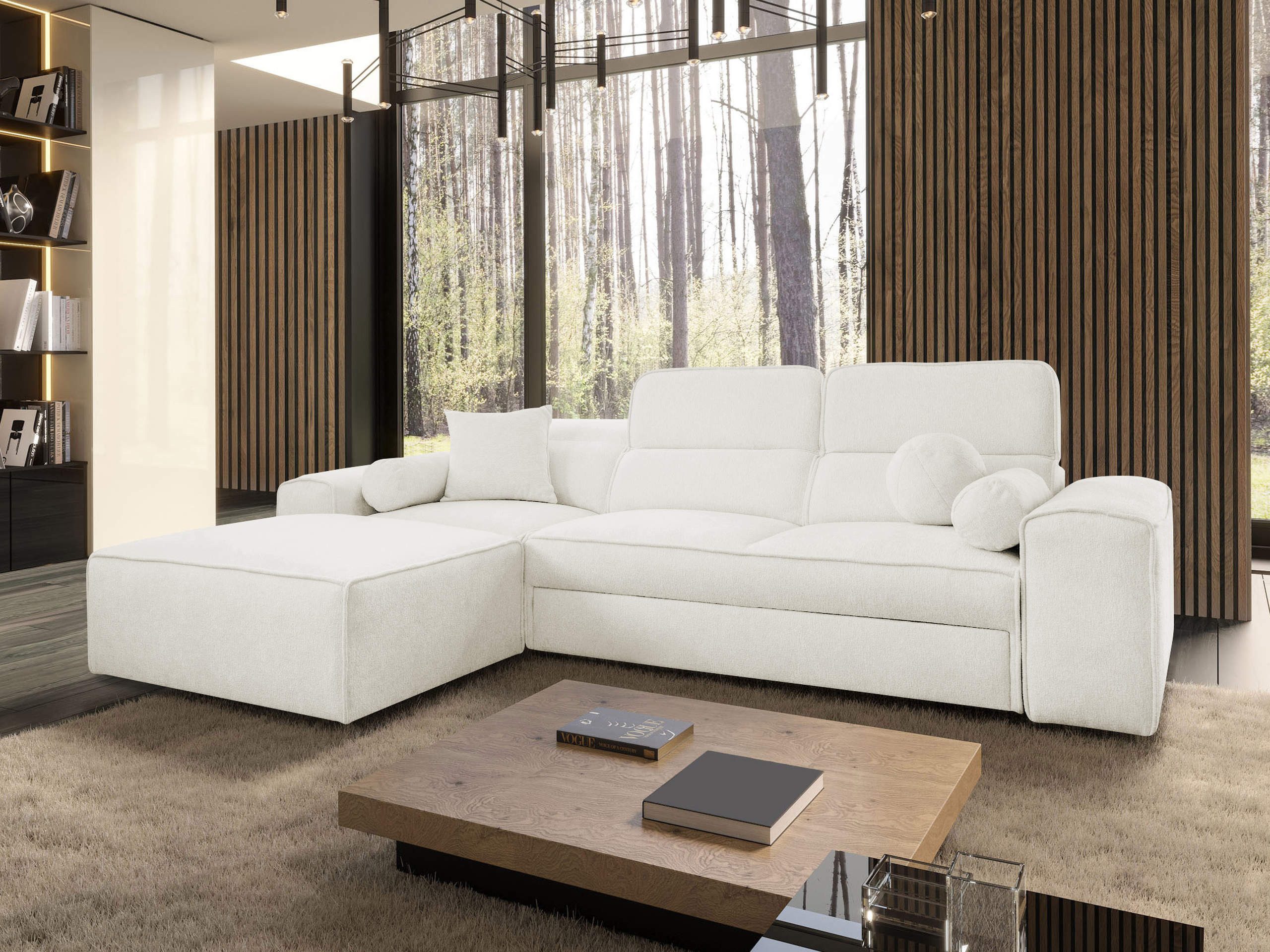 MIRJAN24 Ecksofa Viveri I, mit Bettkasten und Schlaffunktion, Einstellbare Kopfstützen, Kissen-Set, 276x187x70-91 cm